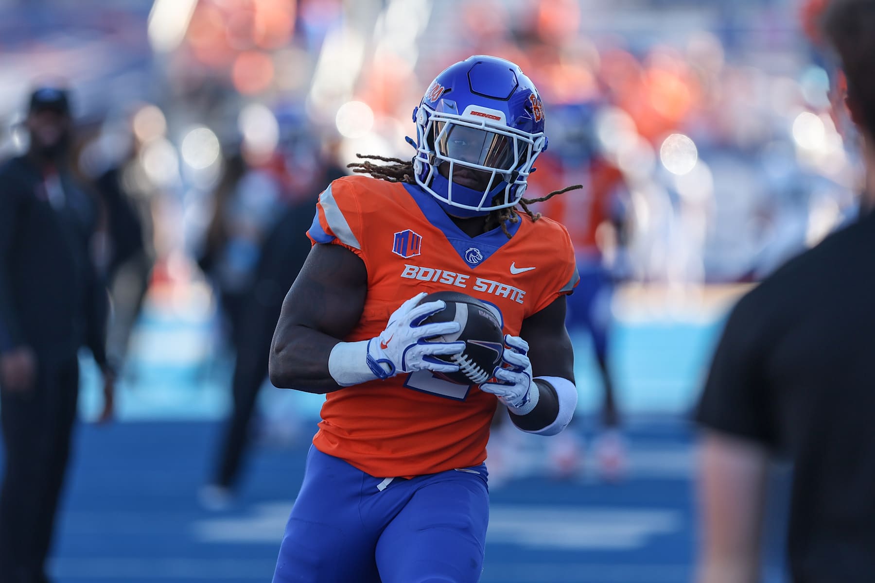 BOISE, ID - OCTOBER 5: Running back Ashton Jeanty #2 of the Boise State Broncos runs during the pre-game warm-ups prior to the start of first half action against the Utah State Aggies at Albertsons Stadium on October 5, 2024 in Boise, Idaho. Boise State won the game 62-30. (Photo by Loren Orr/Getty Images)