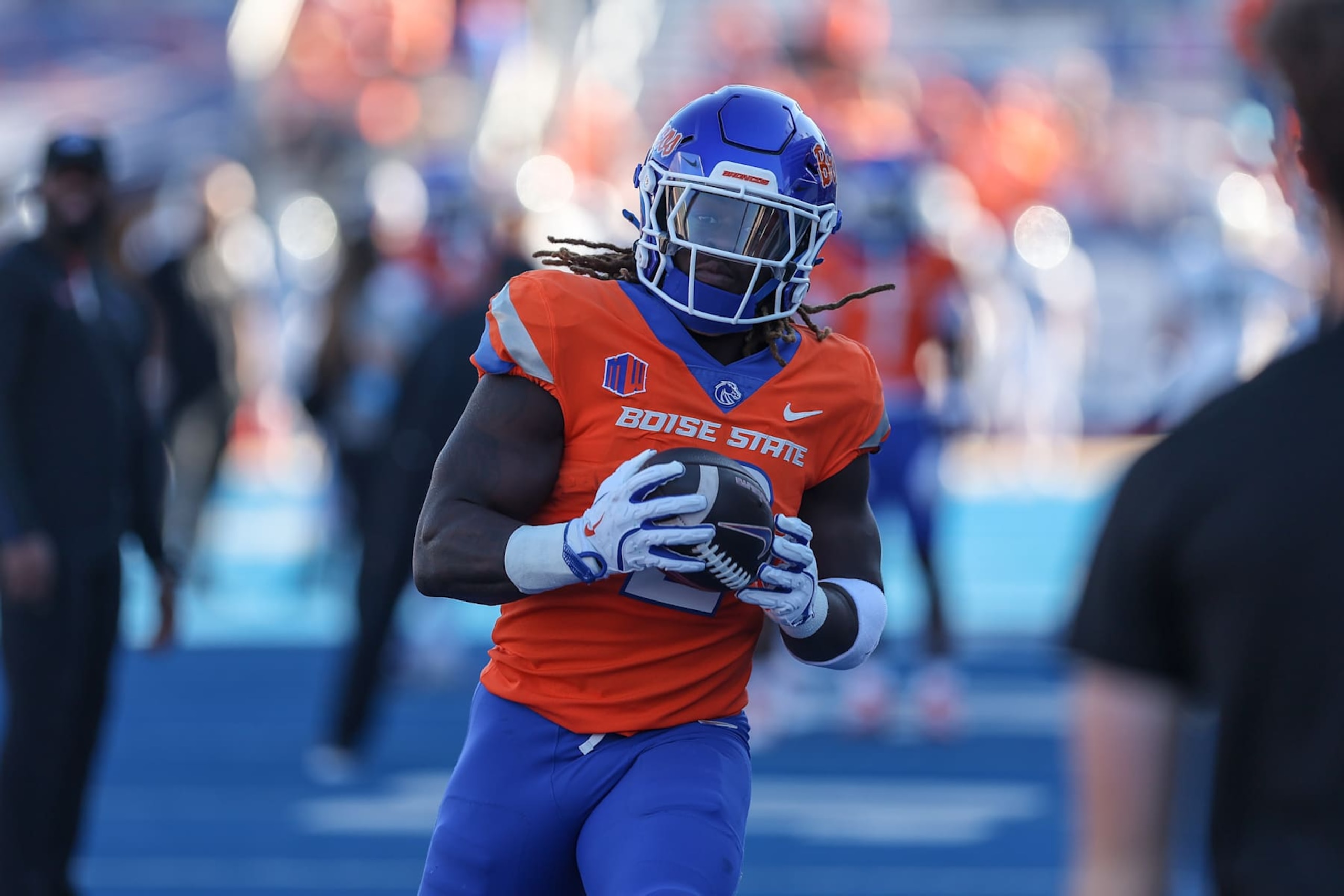 BOISE, ID - OCTOBER 5: Running back Ashton Jeanty #2 of the Boise State Broncos runs during the pre-game warm-ups prior to the start of first half action against the Utah State Aggies at Albertsons Stadium on October 5, 2024 in Boise, Idaho. Boise State won the game 62-30. (Photo by Loren Orr/Getty Images)