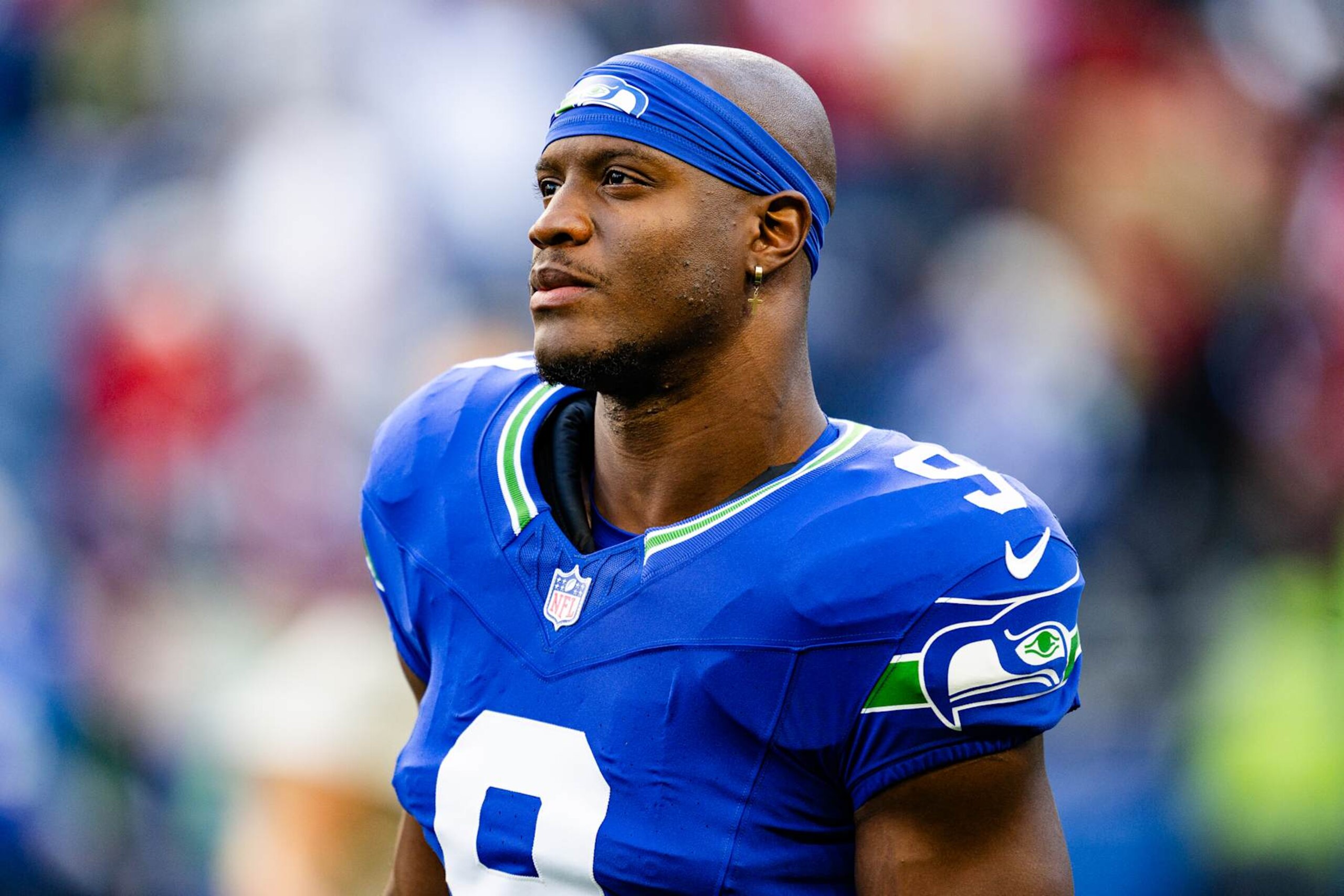 SEATTLE, WASHINGTON - OCTOBER 10: Kenneth Walker III #9 of the Seattle Seahawks prior to the game against the San Francisco 49ers at Lumen Field on October 10, 2024 in Seattle, Washington. (Photo by Jane Gershovich/Getty Images)