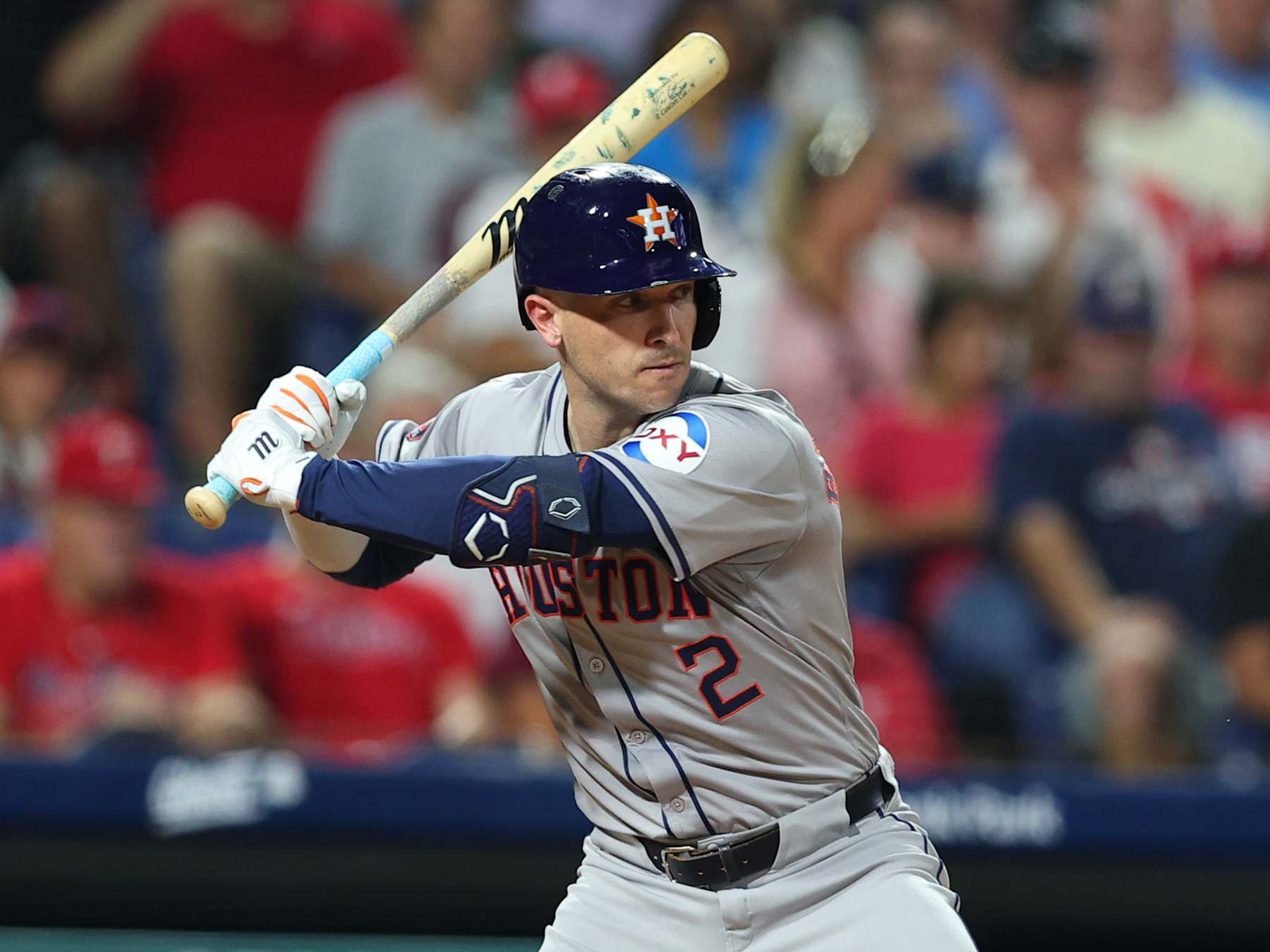 PHILADELPHIA, PENNSYLVANIA - AUGUST 27: Alex Bregman #2 of the Houston Astros bats against the Philadelphia Phillies in the fifth inning at Citizens Bank Park on August 27, 2024 in Philadelphia, Pennsylvania. The Phillies won 5-0. (Photo by Heather Barry/Getty Images)