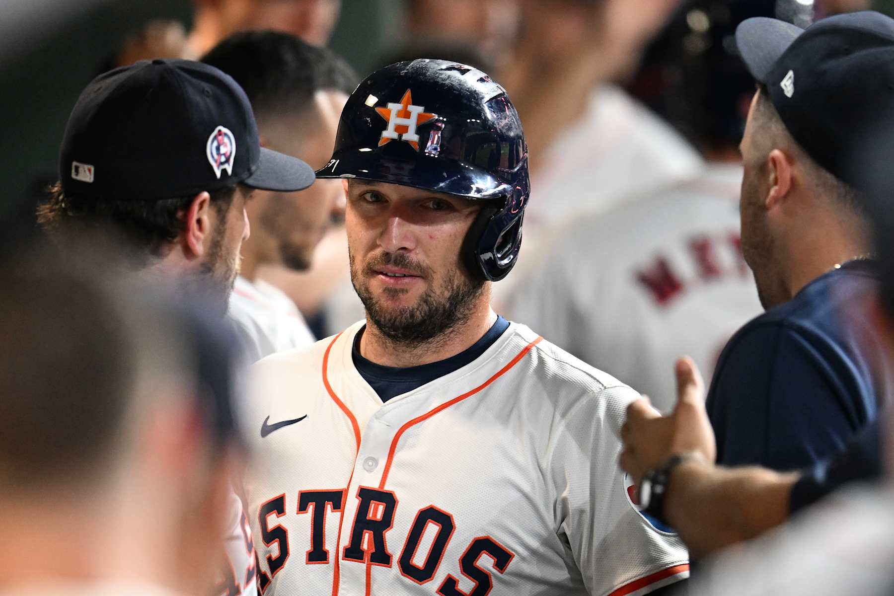 HOUSTON, TEXAS - SEPTEMBER 11: Alex Bregman #2 of the Houston Astros celebrates after scoring a run against the Oakland Athletics at Minute Maid Park on September 11, 2024 in Houston, Texas. (Photo by Jack Gorman/Getty Images)