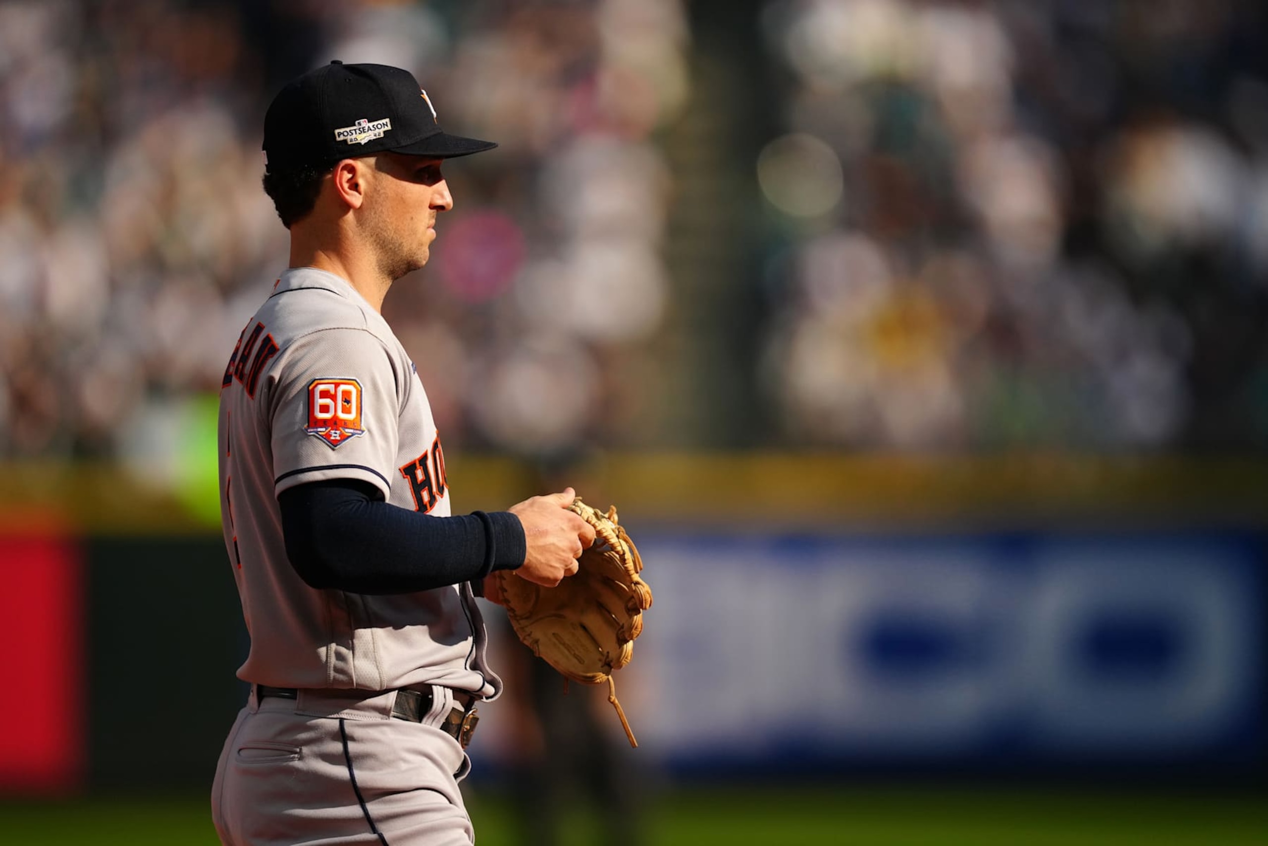 SEATTLE, WA - OCTOBER 15: Alex Bregman #2 of the Houston Astros looks on during the game between the Houston Astros and the Seattle Mariners at T-Mobile Park on Saturday, October 15, 2022 in Seattle, Washington. (Photo by Daniel Shirey/MLB Photos via Getty Images) SEATTLE, WA - OCTOBER 15: Alex Bregman #2 of the Houston Astros looks on during the game between the Houston Astros and the Seattle Mariners at T-Mobile Park on Saturday, October 15, 2022 in Seattle, Washington. (Photo by Daniel Shirey/MLB Photos via Getty Images)