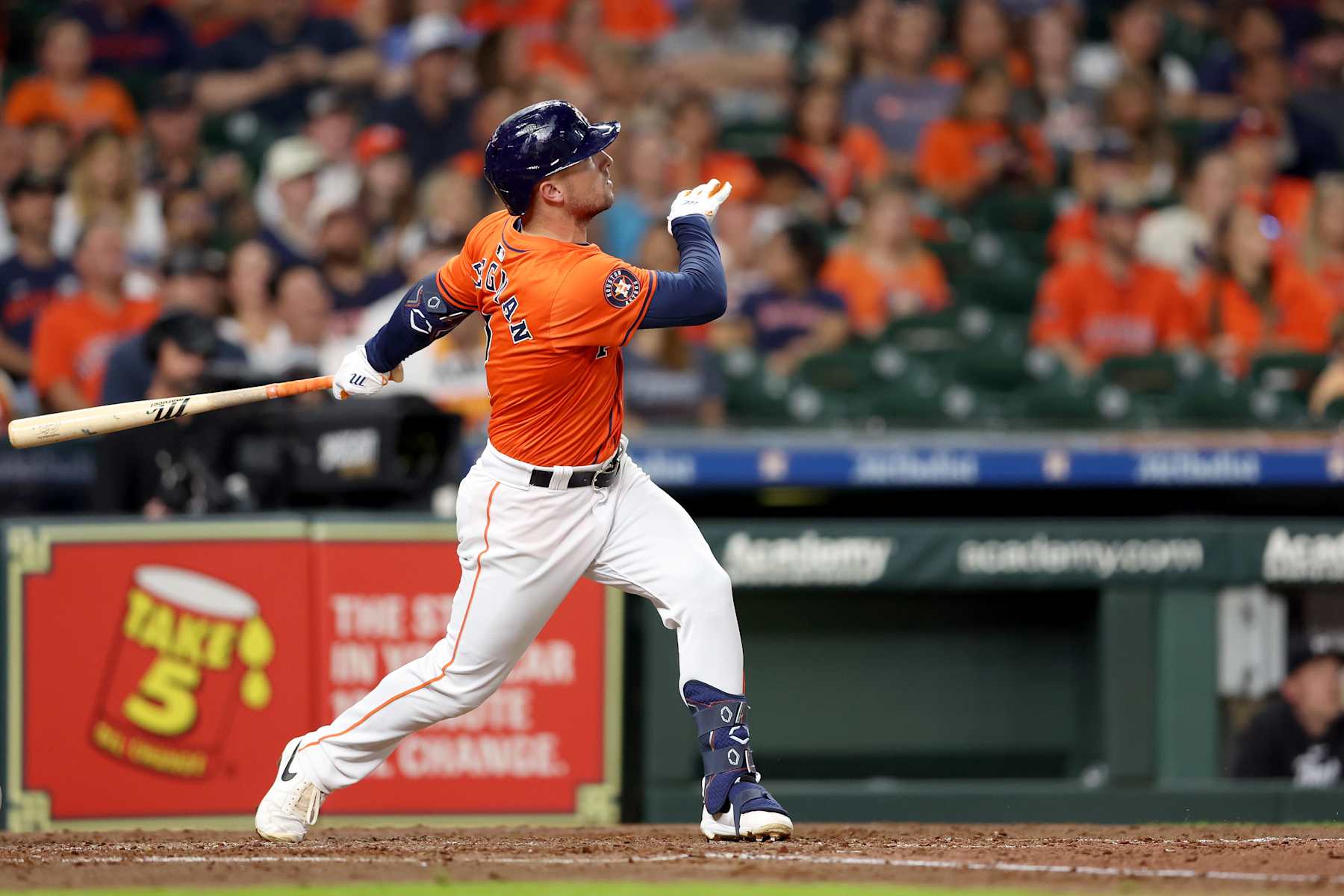 HOUSTON, TEXAS - MAY 31: Alex Bregman #2 of the Houston Astros hits a home run in the fourth inning against the Minnesota Twins at Minute Maid Park on May 31, 2024 in Houston, Texas. (Photo by Tim Warner/Getty Images)