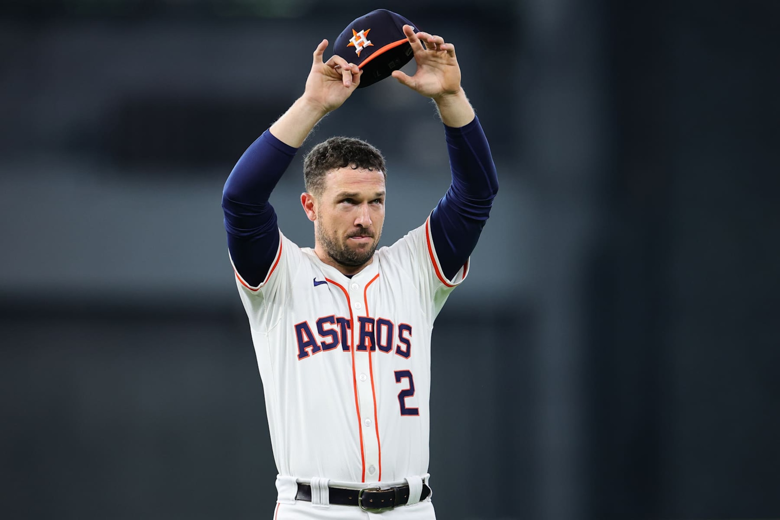 HOUSTON, TEXAS - OCTOBER 01: Alex Bregman #2 of the Houston Astros waves to fans prior to playing the Detroit Tigers in Game One of the Wild Card Series at Minute Maid Park on October 01, 2024 in Houston, Texas. (Photo by Alex Slitz/Getty Images) HOUSTON, TEXAS - OCTOBER 01: Alex Bregman #2 of the Houston Astros waves to fans prior to playing the Detroit Tigers in Game One of the Wild Card Series at Minute Maid Park on October 01, 2024 in Houston, Texas. (Photo by Alex Slitz/Getty Images)