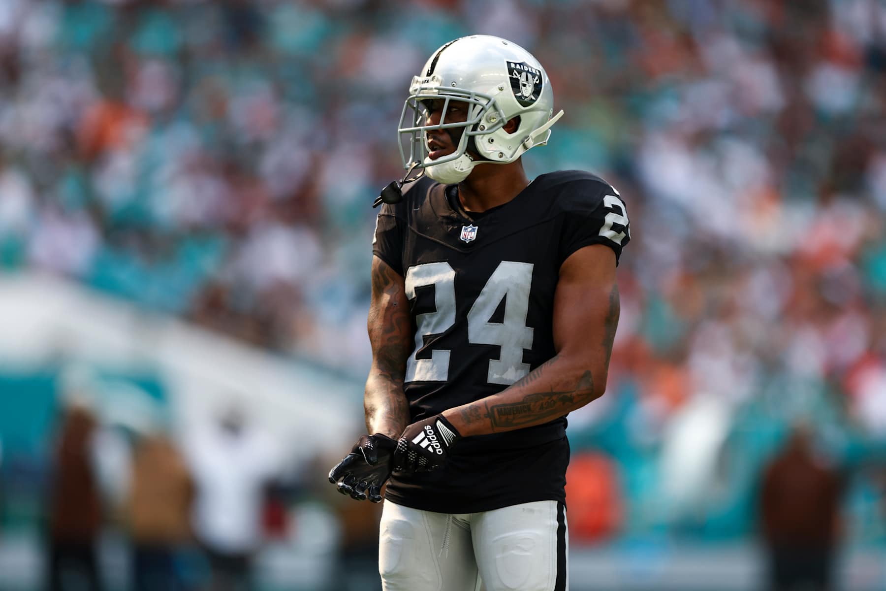 MIAMI GARDENS, FL - NOVEMBER 19: Marcus Peters #24 of the Las Vegas Raiders looks on during an NFL football game against the Miami Dolphins at Hard Rock Stadium on November 19, 2023 in Miami Gardens, Florida. (Photo by Kevin Sabitus/Getty Images)