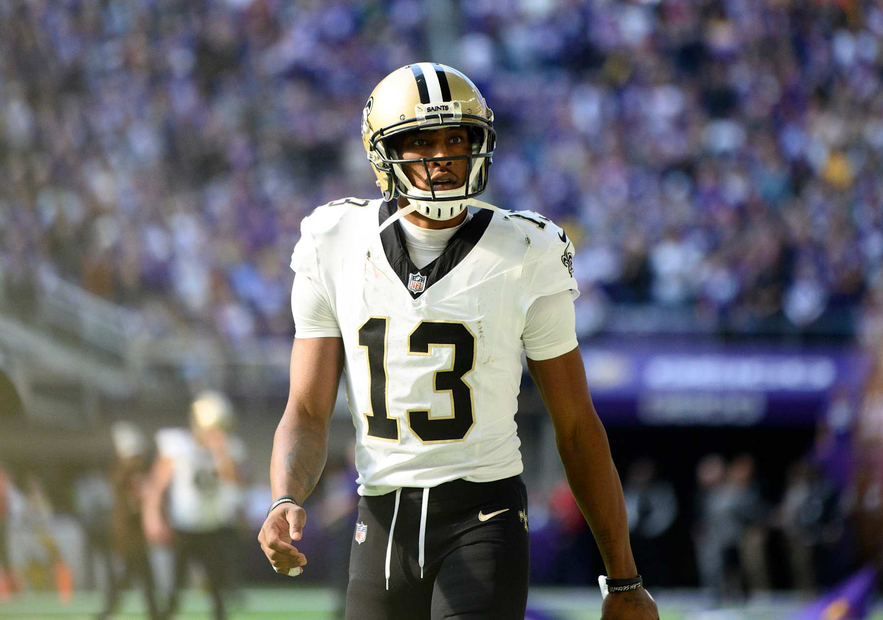 MINNEAPOLIS, MINNESOTA - NOVEMBER 12: Michael Thomas #13 of the New Orleans Saints warms up before the game against the Minnesota Vikings at U.S. Bank Stadium on November 12, 2023 in Minneapolis, Minnesota. (Photo by Stephen Maturen/Getty Images)