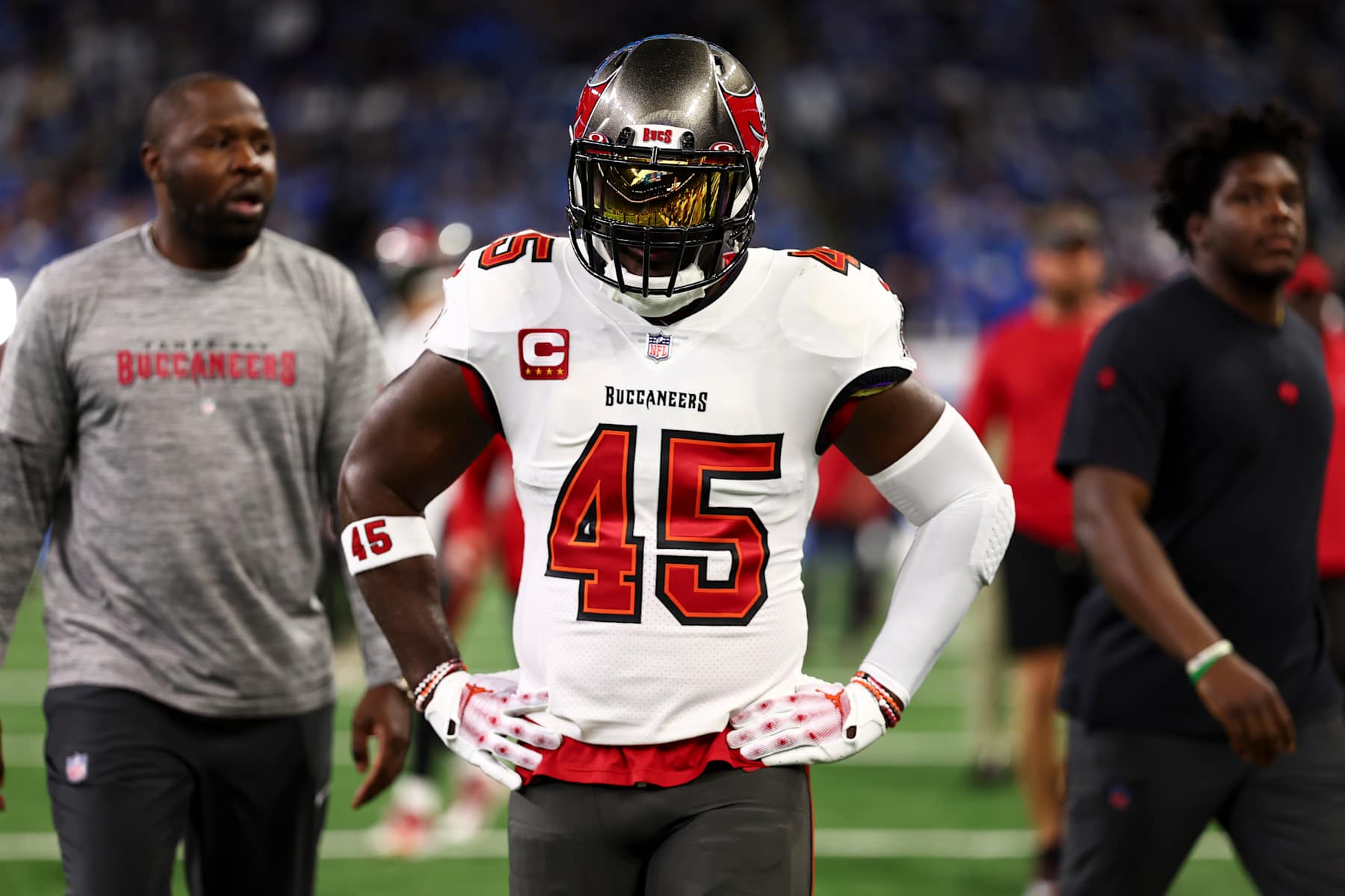 DETROIT, MI - JANUARY 21: Devin White #45 of the Tampa Bay Buccaneers looks on prior to an NFL divisional round playoff football game against the Detroit Lions at Ford Field on January 21, 2024 in Detroit, Michigan. (Photo by Kevin Sabitus/Getty Images)