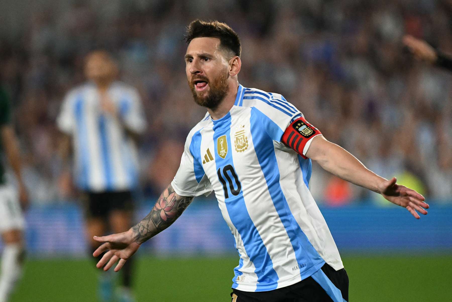 Argentina's forward #10 Lionel Messi celebrates after scoring during the 2026 FIFA World Cup South American qualifiers football match between Argentina and Bolivia at the Mas Monumental stadium in Buenos Aires on October 15, 2024. (Photo by Luis ROBAYO / AFP) (Photo by LUIS ROBAYO/AFP via Getty Images)