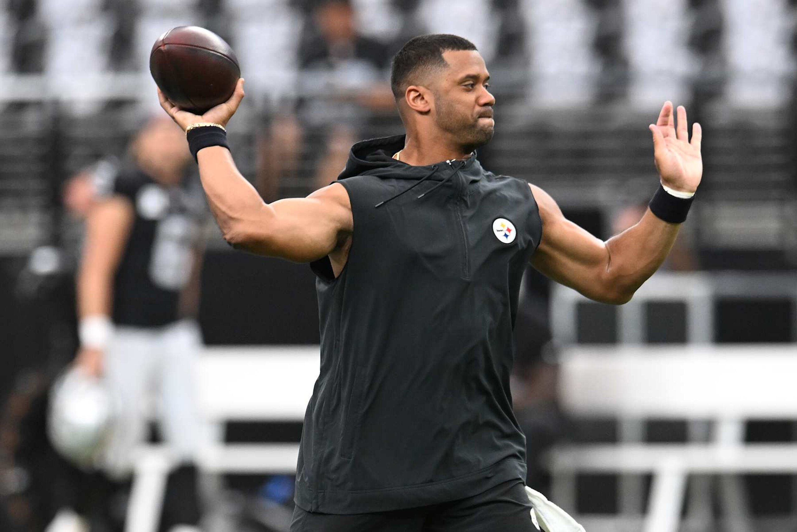 LAS VEGAS, NEVADA - OCTOBER 13: Russell Wilson #3 of the Pittsburgh Steelers warms-up prior to a game against the Las Vegas Raiders at Allegiant Stadium on October 13, 2024 in Las Vegas, Nevada. (Photo by Candice Ward/Getty Images)