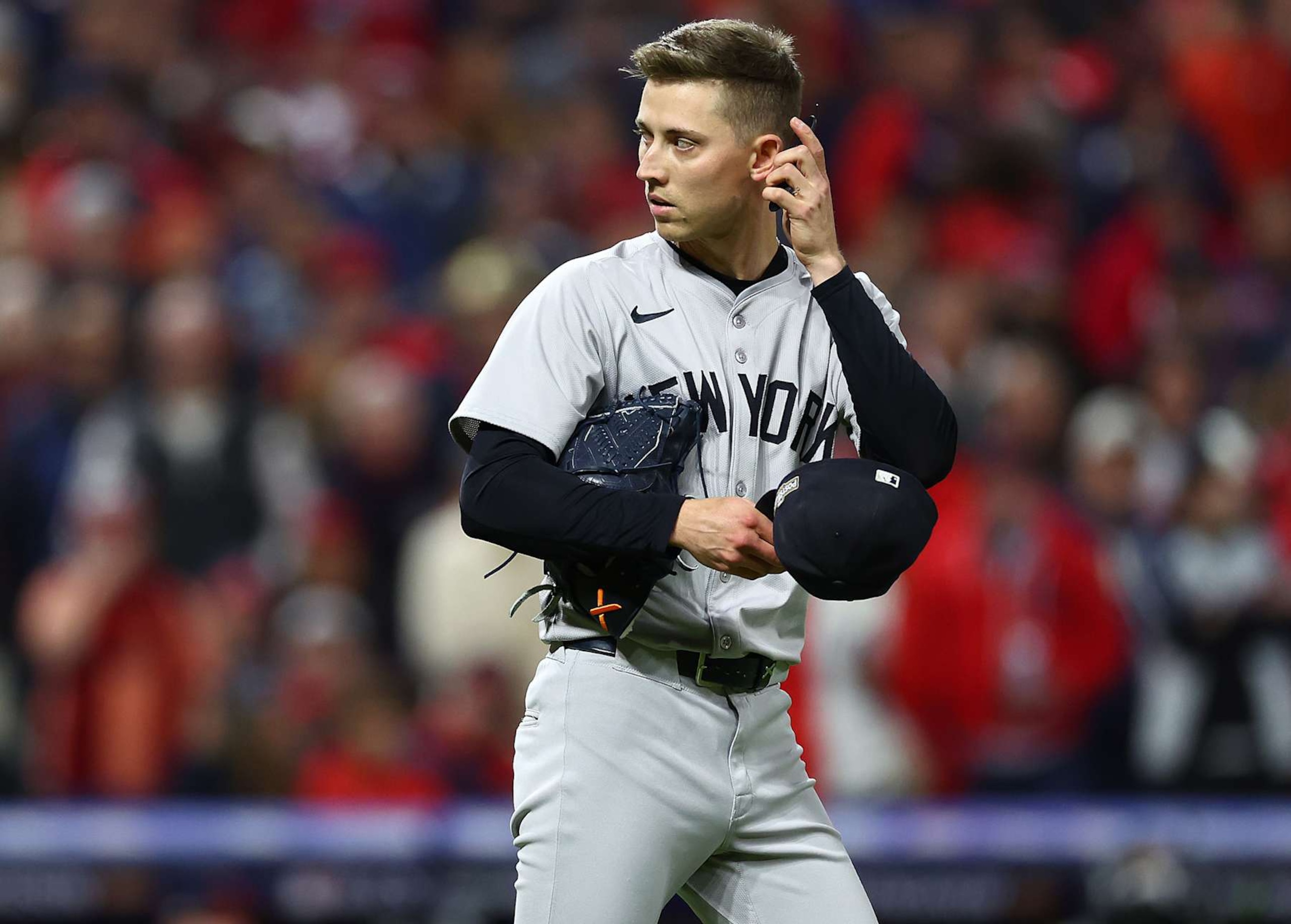 CLEVELAND, OHIO - OCTOBER 17: Luke Weaver #30 of the New York Yankees looks on during the ninth inning against the Cleveland Guardians during Game Three of the American League Championship Series at Progressive Field on October 17, 2024 in Cleveland, Ohio. (Photo by Maddie Meyer/Getty Images)
