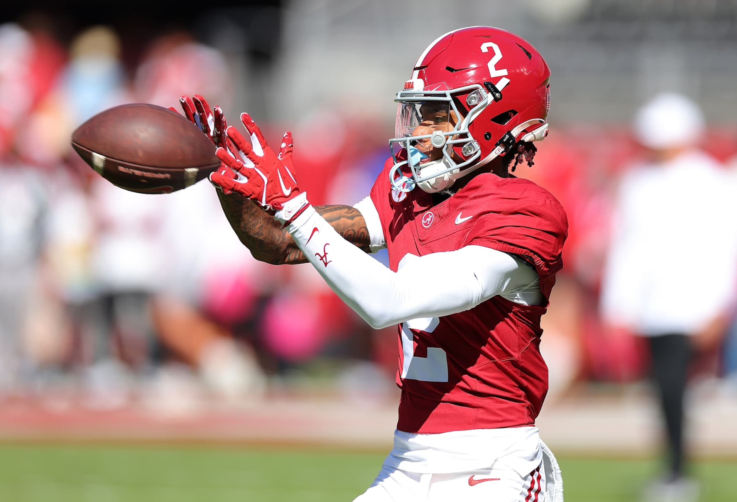 TUSCALOOSA, ALABAMA - OCTOBER 12:  Ryan Williams #2 of the Alabama Crimson Tide catches a pass during warmups prior to facing the South Carolina Gamecocks at Bryant-Denny Stadium on October 12, 2024 in Tuscaloosa, Alabama. (Photo by Kevin C. Cox/Getty Images)