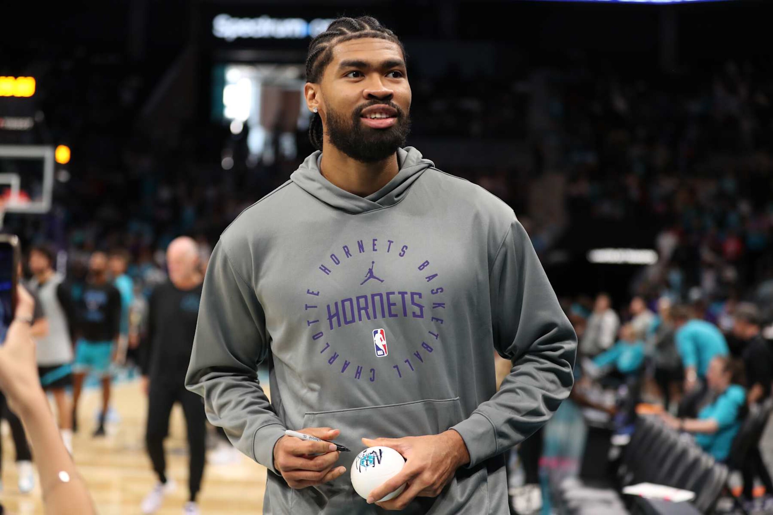 CHARLOTTE, NC- OCTOBER 12: Charlotte Hornets players shoot around during the Purple and Teal Day at Spectrum Center in Charlotte, North Carolina. NOTE TO USER: User expressly acknowledges and agrees that, by downloading and or using this photograph, User is consenting to the terms and conditions of the Getty Images License Agreement. Mandatory Copyright Notice: Copyright 2024 NBAE (Photo by Kent Smith/NBAE via Getty Images) CHARLOTTE, NC- OCTOBER 12: Charlotte Hornets players shoot around during the Purple and Teal Day at Spectrum Center in Charlotte, North Carolina. NOTE TO USER: User expressly acknowledges and agrees that, by downloading and or using this photograph, User is consenting to the terms and conditions of the Getty Images License Agreement. Mandatory Copyright Notice: Copyright 2024 NBAE (Photo by Kent Smith/NBAE via Getty Images)