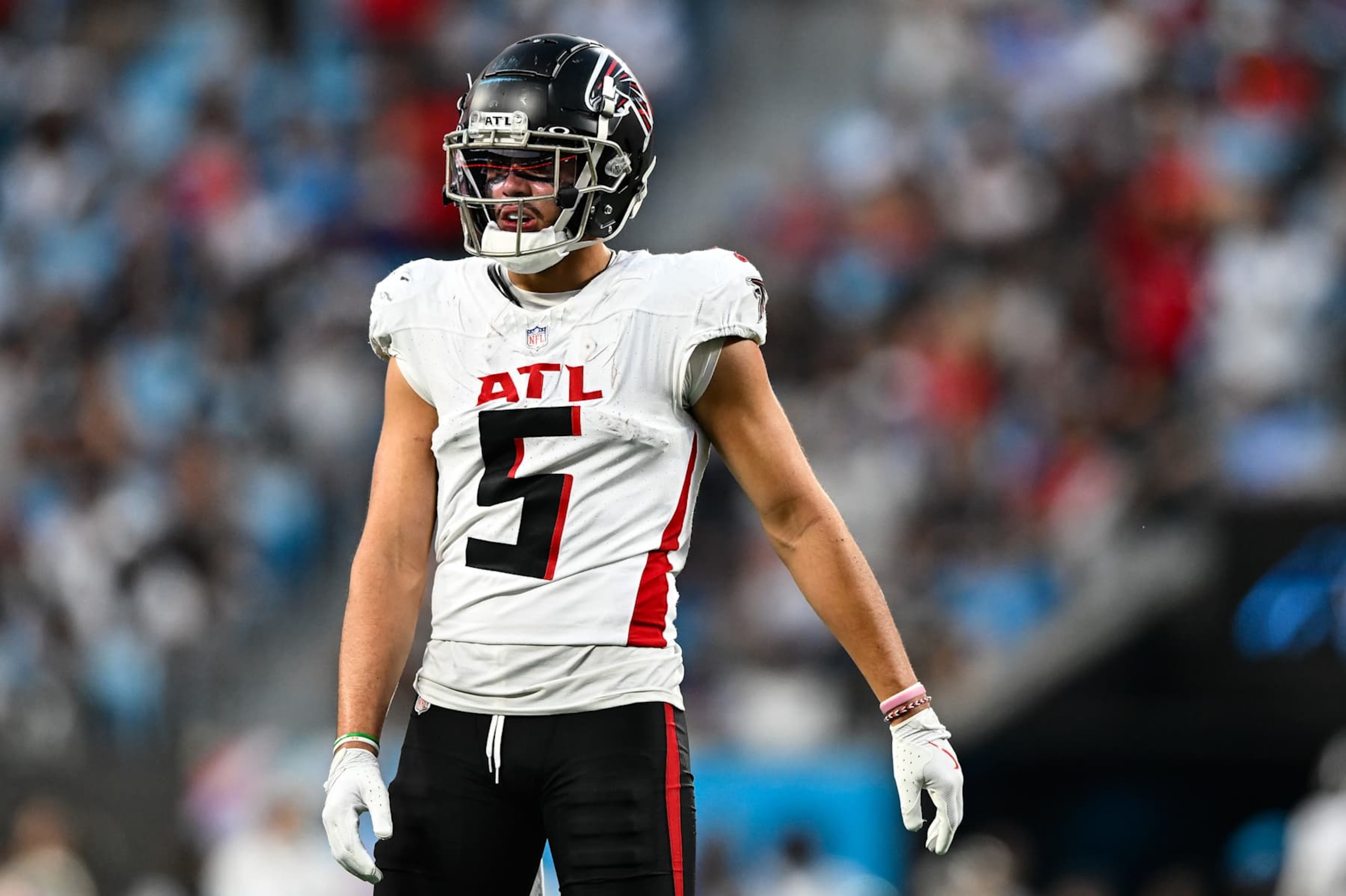 CHARLOTTE, NORTH CAROLINA - OCTOBER 13: Drake London #5 of the Atlanta Falcons looks on during the third quarter of their game against the Carolina Panthers at Bank of America Stadium on October 13, 2024 in Charlotte, North Carolina. (Photo by Matt Kelley/Getty Images)