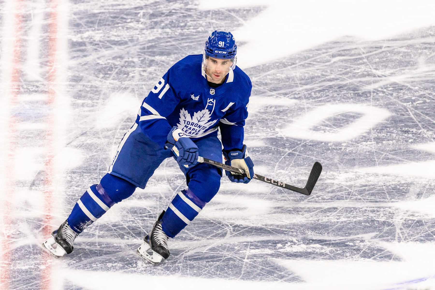 TORONTO, ON - OCTOBER 16: Toronto Maple Leafs center John Tavares (91) skates during the third period of an NHL game between the Los Angeles Kings and the Toronto Maple Leafs on October 16, 2024, at Scotiabank Arena in Toronto, ON. (Photo by Mathew Tsang/Icon Sportswire via Getty Images)