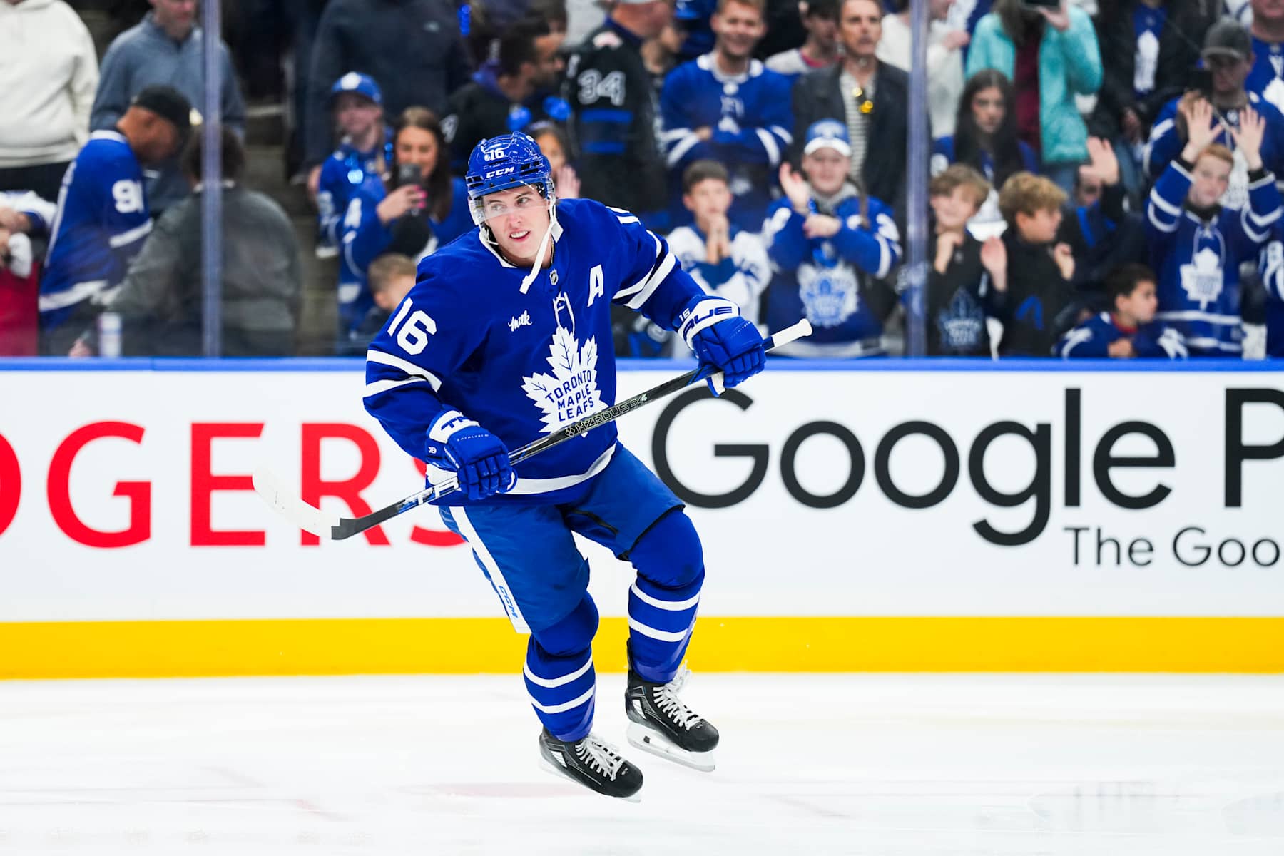 TORONTO, ONTARIO - OCTOBER 12: Mitch Marner #16 of the Toronto Maple Leafs warms-up before facing the Pittsburgh Penguins at the Scotiabank Arena on October 12, 2024 in Toronto, Ontario, Canada. (Photo by Mark Blinch/NHLI via Getty Images)