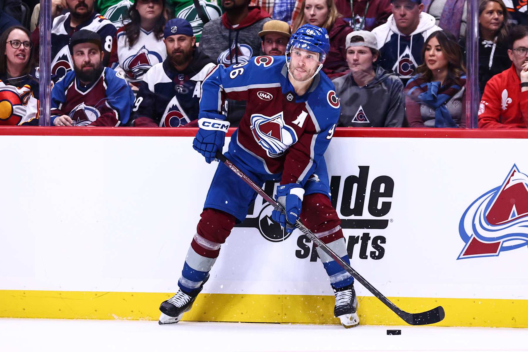 DENVER, COLORADO - OCTOBER 12: Mikko Rantanen #96 of the Colorado Avalanche looks to pass in the third period against the Columbus Blue Jackets at Ball Arena on October 12, 2024 in Denver, Colorado. (Photo by Tyler Schank/Clarkson Creative/Getty Images)