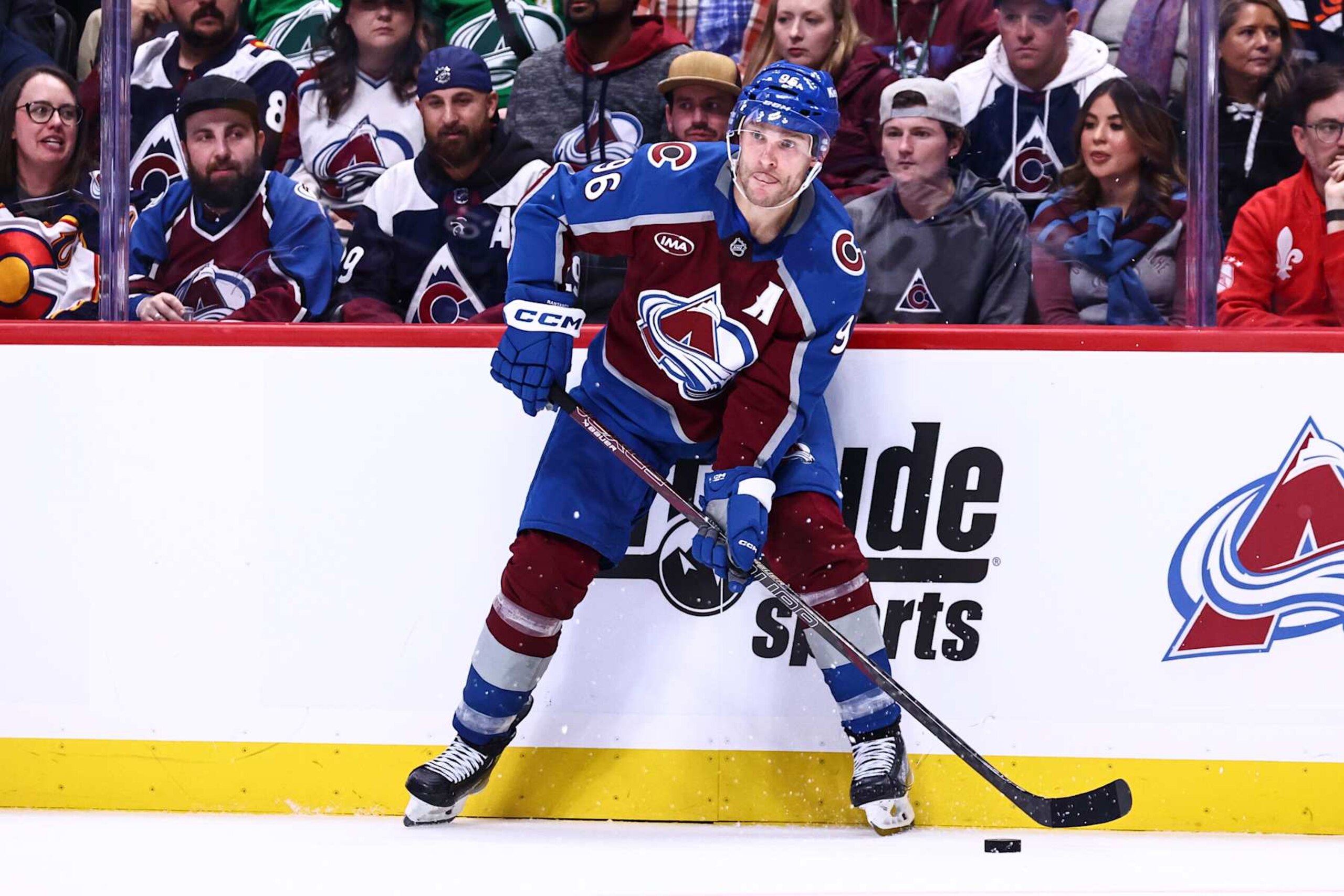 DENVER, COLORADO - OCTOBER 12: Mikko Rantanen #96 of the Colorado Avalanche looks to pass in the third period against the Columbus Blue Jackets at Ball Arena on October 12, 2024 in Denver, Colorado. (Photo by Tyler Schank/Clarkson Creative/Getty Images)