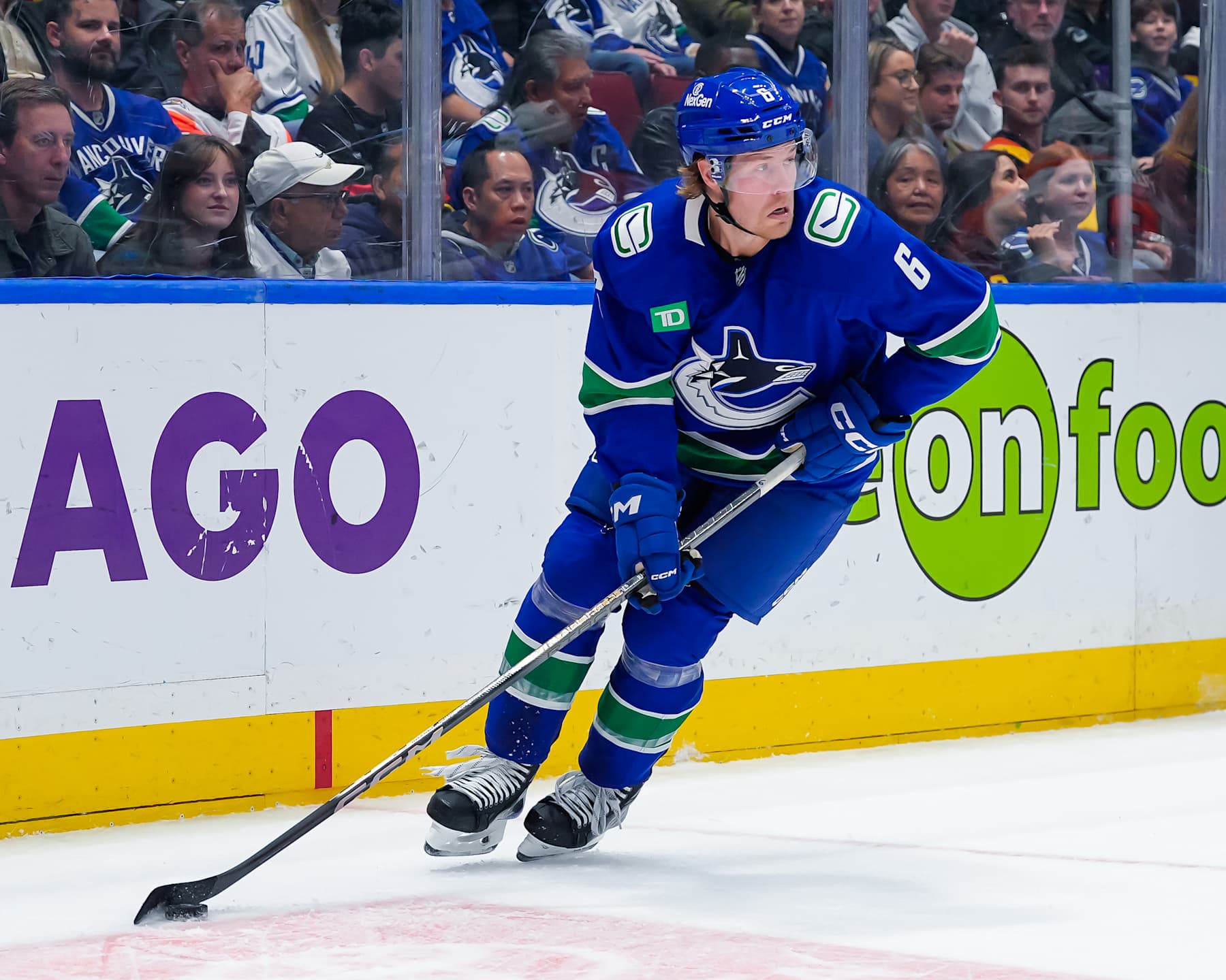VANCOUVER, CANADA - OCTOBER 11: Brock Boeser #6 of the Vancouver Canucks skates with the puck during the first period of their NHL game against the Philadelphia Flyers at Rogers Arena on October 11, 2024 in Vancouver, British Columbia, Canada. (Photo by Derek Cain/Getty Images)