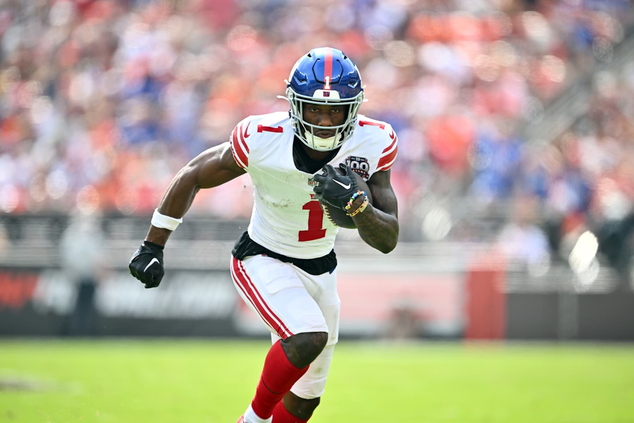 CLEVELAND, OHIO - SEPTEMBER 22: Wide receiver Malik Nabers #1 of the New York Giants runs a play during the second quarter against the Cleveland Browns at Huntington Bank Field on September 22, 2024 in Cleveland, Ohio. The Giants defeated the Browns 21-15.  (Photo by Jason Miller/Getty Images)