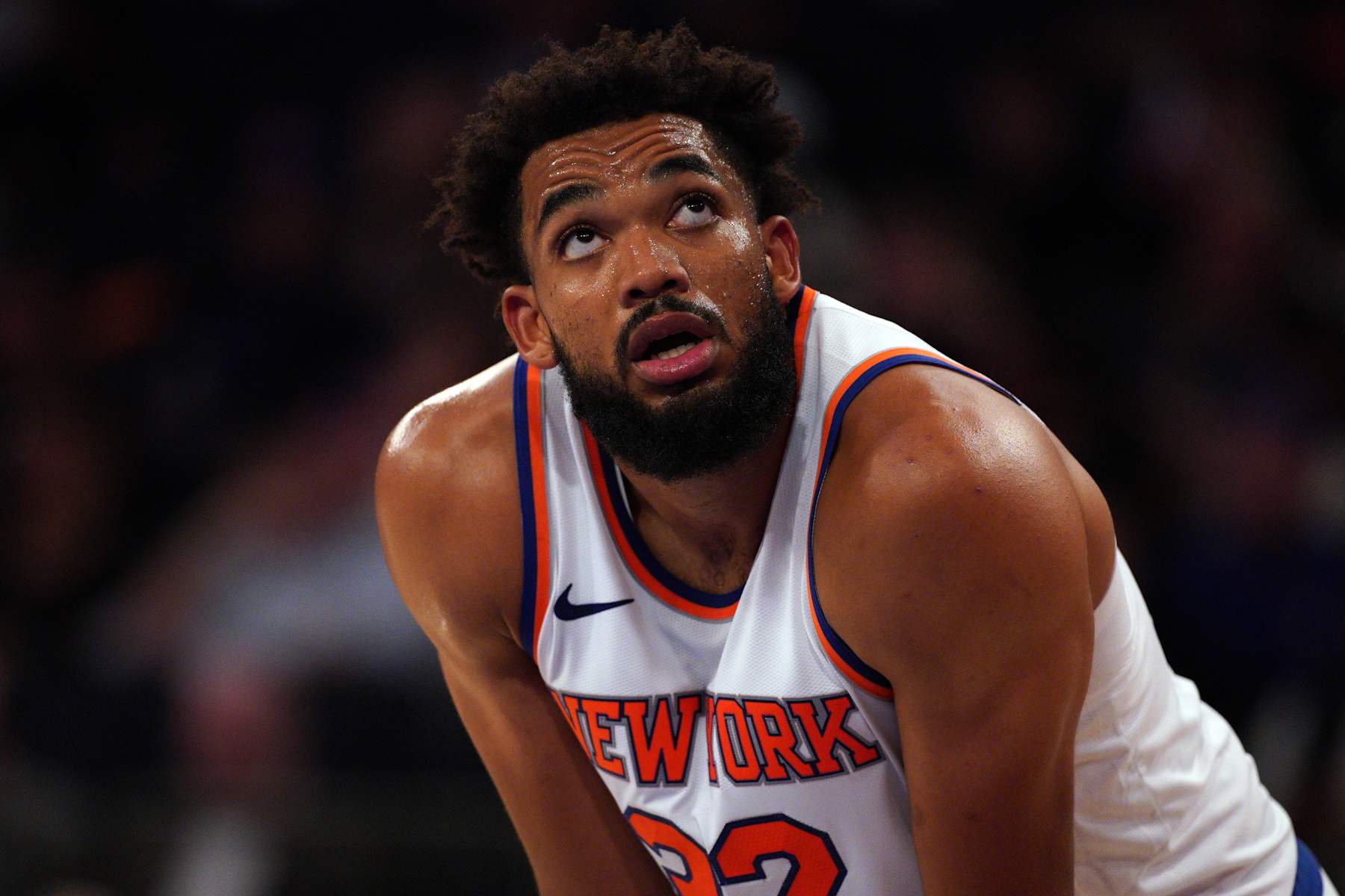 NEW YORK, NEW YORK - OCTOBER 09: Karl-Anthony Towns #32 of the New York Knicks looks on against the Washington Wizards during the second half of a preseason game at Madison Square Garden on October 09, 2024 in New York City. NOTE TO USER: User expressly acknowledges and agrees that, by downloading and or using this Photograph, user is consenting to the terms and conditions of the Getty Images License Agreement. (Photo by Evan Bernstein/Getty Images) NEW YORK, NEW YORK - OCTOBER 09: Karl-Anthony Towns #32 of the New York Knicks looks on against the Washington Wizards during the second half of a preseason game at Madison Square Garden on October 09, 2024 in New York City. NOTE TO USER: User expressly acknowledges and agrees that, by downloading and or using this Photograph, user is consenting to the terms and conditions of the Getty Images License Agreement. (Photo by Evan Bernstein/Getty Images)