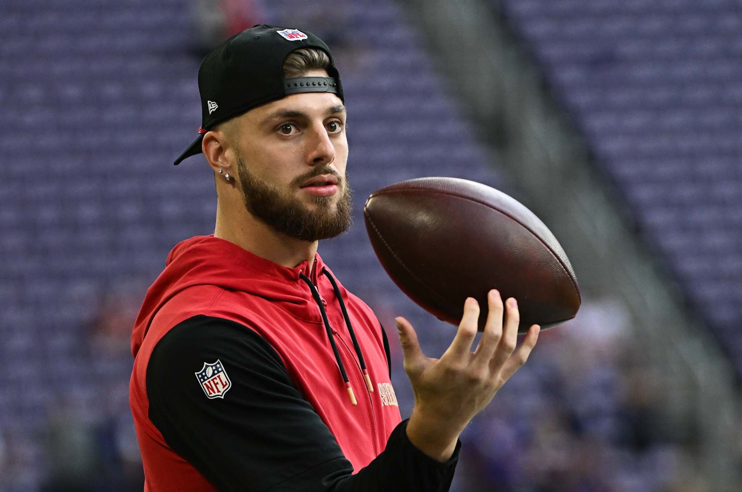 MINNEAPOLIS, MINNESOTA - SEPTEMBER 15: Ricky Pearsall #14 of the San Francisco 49ers looks on before the game against the Minnesota Vikings at U.S. Bank Stadium on September 15, 2024 in Minneapolis, Minnesota. (Photo by Stephen Maturen/Getty Images) MINNEAPOLIS, MINNESOTA - SEPTEMBER 15: Ricky Pearsall #14 of the San Francisco 49ers looks on before the game against the Minnesota Vikings at U.S. Bank Stadium on September 15, 2024 in Minneapolis, Minnesota. (Photo by Stephen Maturen/Getty Images)