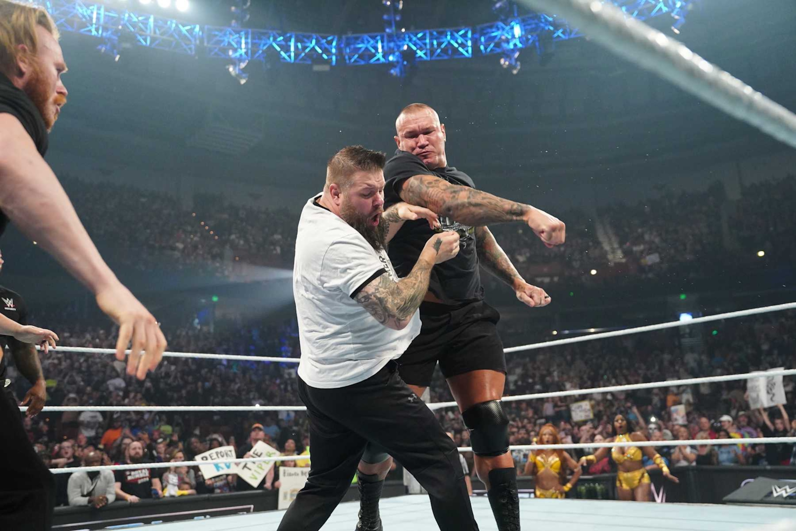 GREENVILLE, SOUTH CAROLINA - OCTOBER 11: Randy Orton punches Kevin Owens during Smackdown at Bon Secours Wellness Arena on October 11, 2024 in Greenville, South Carolina.  (Photo by WWE/Getty Images)