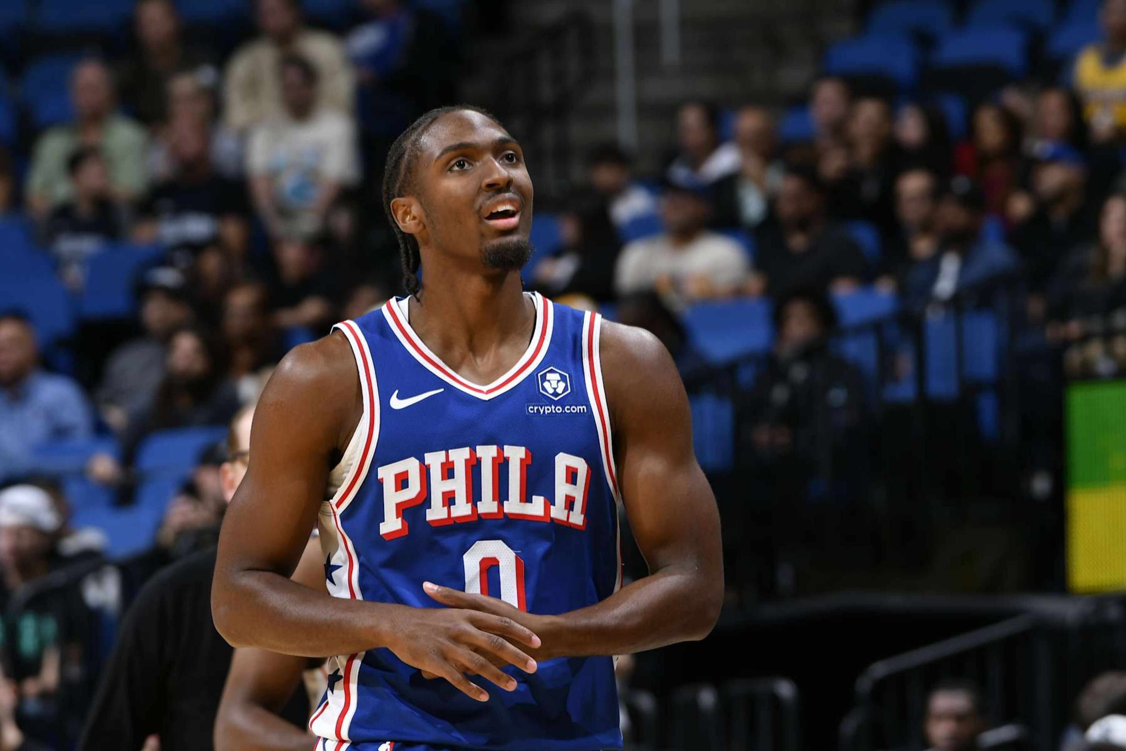 ORLANDO, FL - OCTOBER 18: Tyrese Maxey #0 of the Philadelphia 76ers looks on during the game against the Orlando Magic during a NBA preseason game on October 18, 2024 at Kia Center in Orlando, Florida. NOTE TO USER: User expressly acknowledges and agrees that, by downloading and or using this photograph, User is consenting to the terms and conditions of the Getty Images License Agreement. Mandatory Copyright Notice: Copyright 2024 NBAE (Photo by Fernando Medina/NBAE via Getty Images) ORLANDO, FL - OCTOBER 18: Tyrese Maxey #0 of the Philadelphia 76ers looks on during the game against the Orlando Magic during a NBA preseason game on October 18, 2024 at Kia Center in Orlando, Florida. NOTE TO USER: User expressly acknowledges and agrees that, by downloading and or using this photograph, User is consenting to the terms and conditions of the Getty Images License Agreement. Mandatory Copyright Notice: Copyright 2024 NBAE (Photo by Fernando Medina/NBAE via Getty Images)