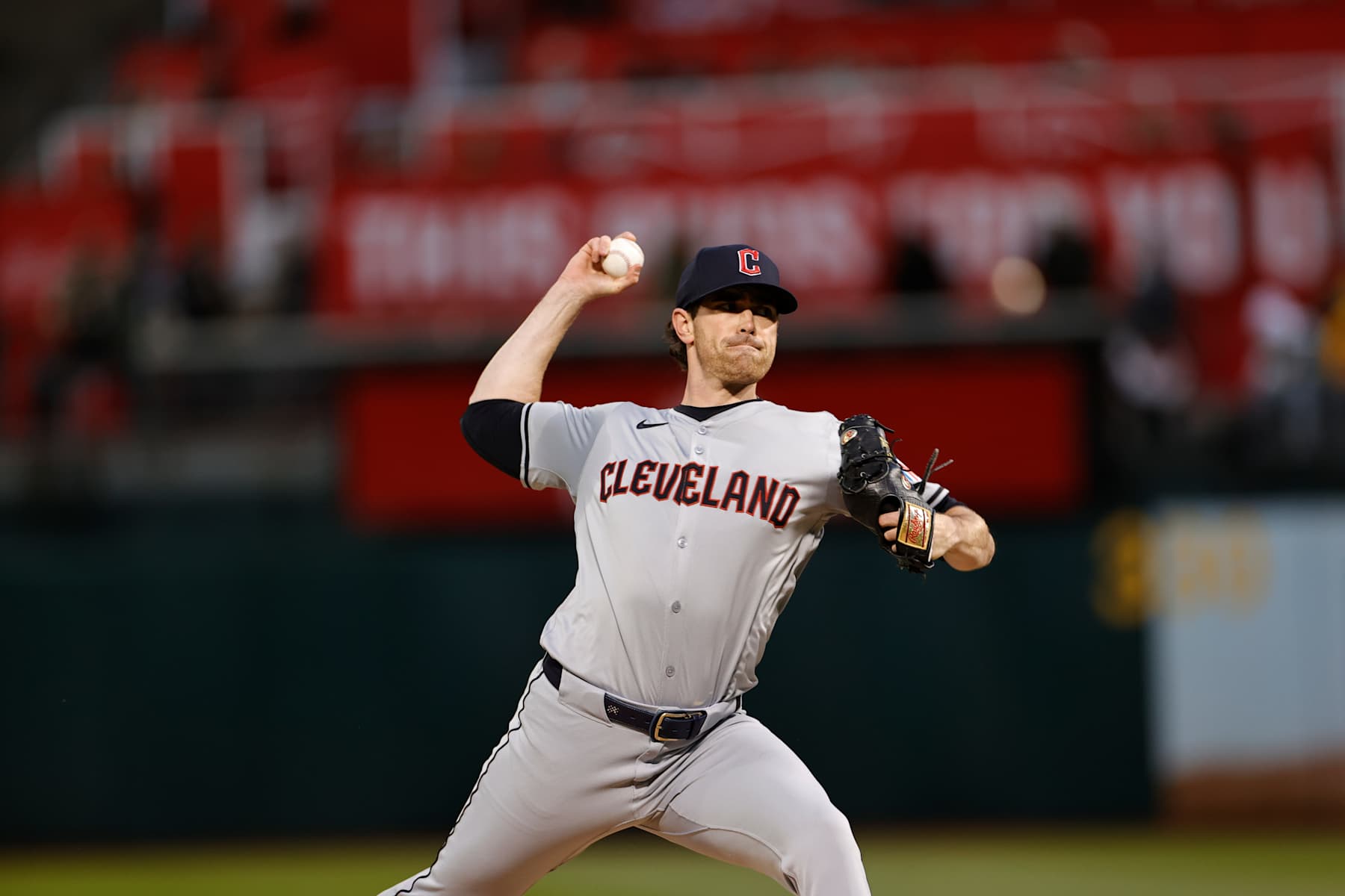 OAKLAND, CA - MARCH 28: Shane Bieber #57 of the Cleveland Guardians pitches during the game against the Oakland Athletics at the Oakland Coliseum on March 28, 2024 in Oakland, California. The Guardians defeated the Athletics 8-0. (Photo by Michael Zagaris/Oakland Athletics/Getty Images)