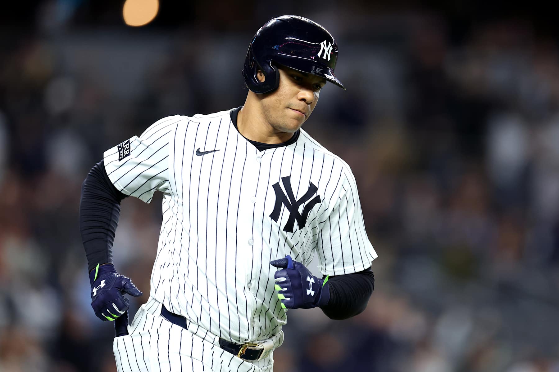 NEW YORK, NEW YORK - SEPTEMBER 25: Juan Soto #22 of the New York Yankees reacts after a two-run home run against the Baltimore Orioles during the fifth inning at Yankee Stadium on September 25, 2024 in the Bronx borough of New York City. (Photo by Luke Hales/Getty Images)