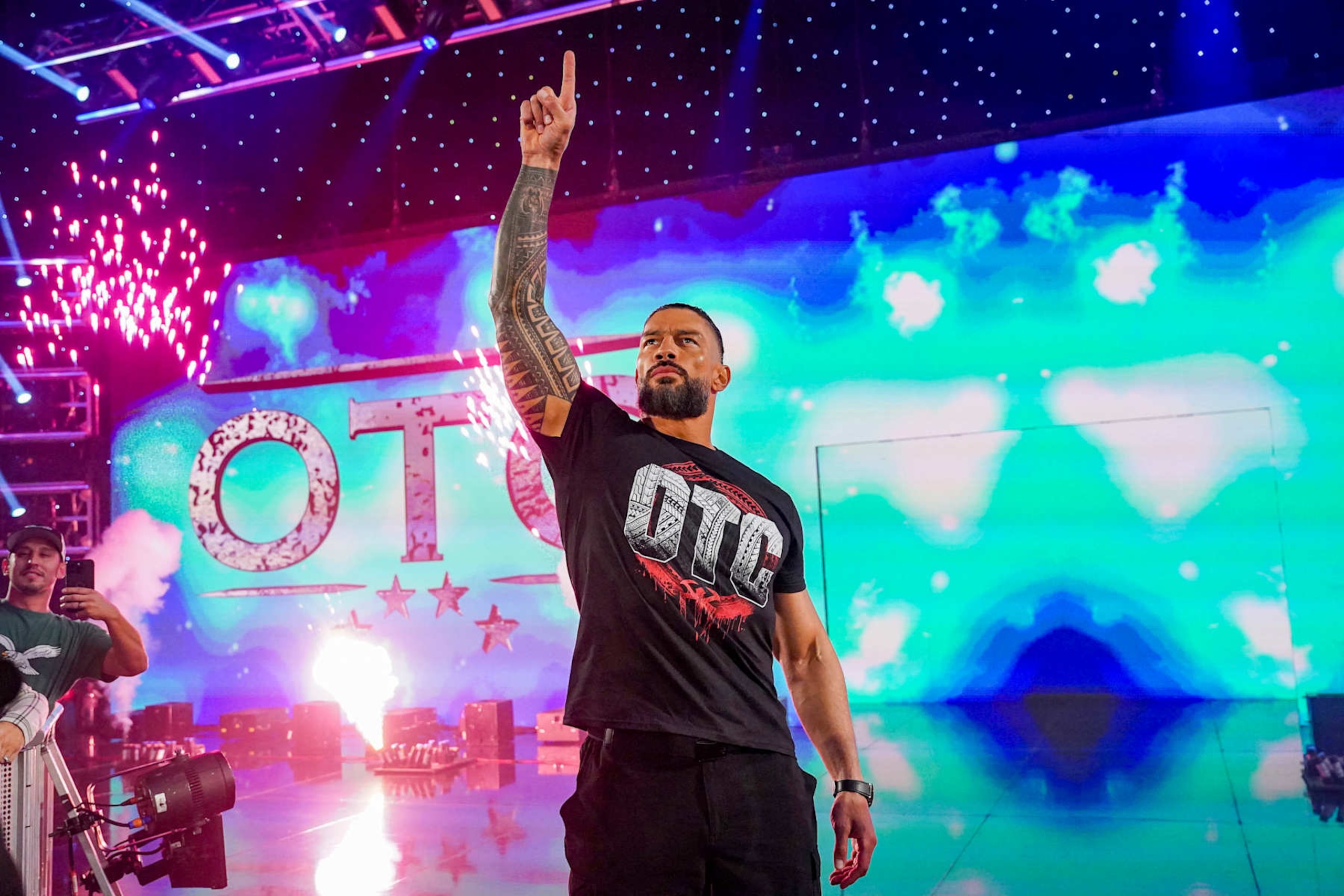 GREENVILLE, SOUTH CAROLINA - OCTOBER 11: Roman Reigns enters the arena during Smackdown at Bon Secours Wellness Arena on October 11, 2024 in Greenville, South Carolina.  (Photo by WWE/Getty Images)