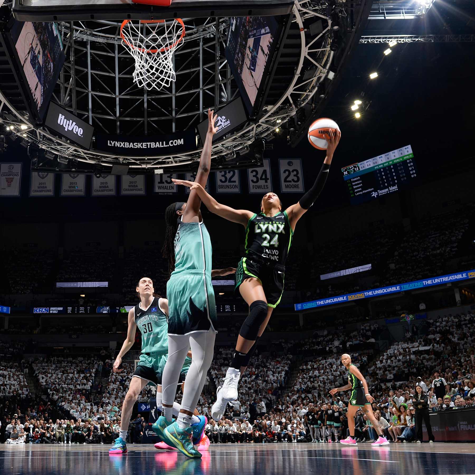 MINNEAPOLIS, MN -  OCTOBER 18: Napheesa Collier #24 of the Minnesota Lynx drives to the basket during the game against the New York Liberty during Game Four of the 2024 WNBA Finals on October 18, 2024 at Target Center in Minneapolis, Minnesota. NOTE TO USER: User expressly acknowledges and agrees that, by downloading and or using this Photograph, user is consenting to the terms and conditions of the Getty Images License Agreement. Mandatory Copyright Notice: Copyright 2024 NBAE (Photo by David Dow/NBAE via Getty Images)