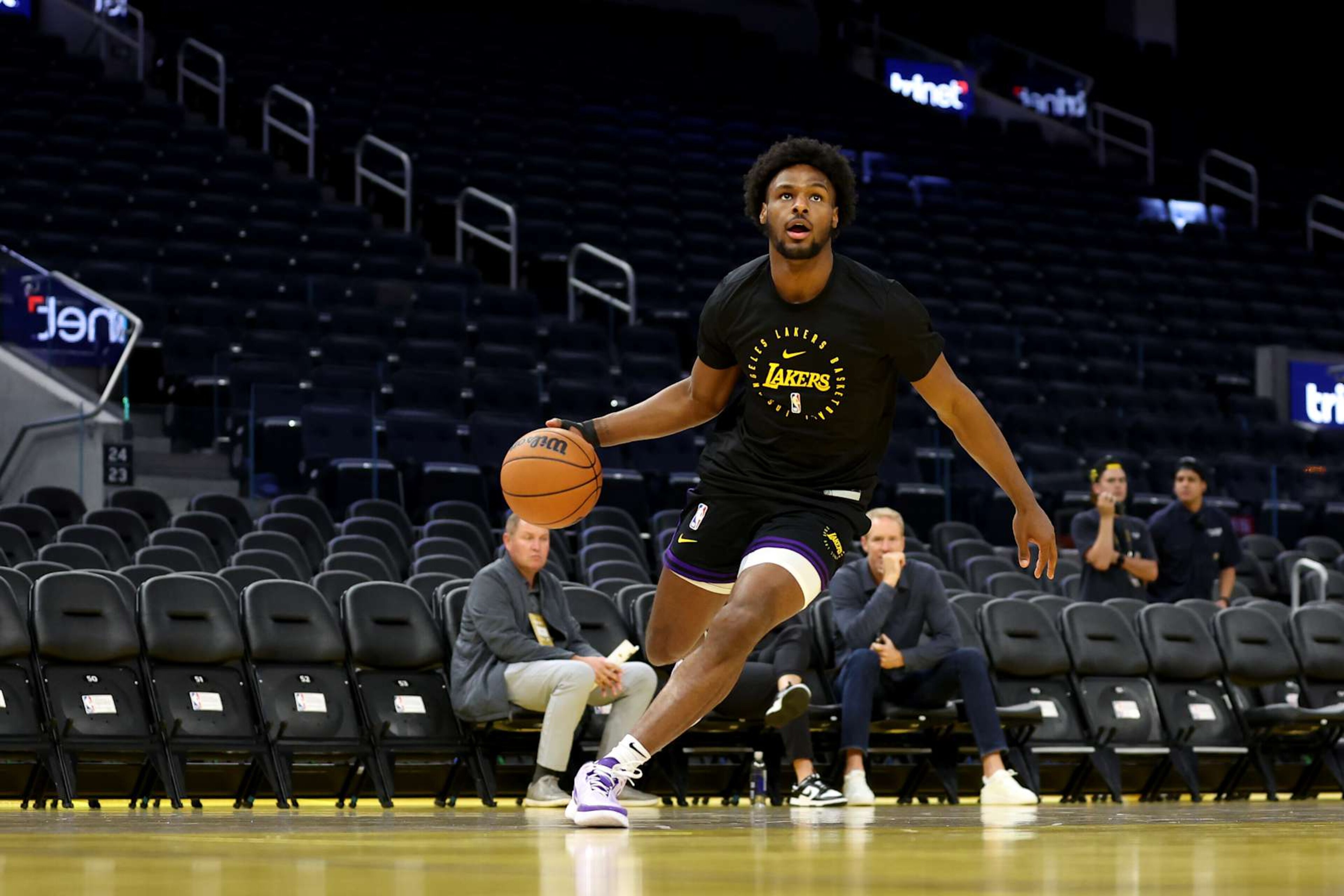 SAN FRANCISCO, CALIFORNIA - OCTOBER 18: Bronny James #9 of the Los Angeles Lakers warms up before their preseason game against the Golden State Warriors at Chase Center on October 18, 2024 in San Francisco, California. NOTE TO USER: User expressly acknowledges and agrees that, by downloading and/or using this photograph, user is consenting to the terms and conditions of the Getty Images License Agreement. (Photo by Ezra Shaw/Getty Images) SAN FRANCISCO, CALIFORNIA - OCTOBER 18: Bronny James #9 of the Los Angeles Lakers warms up before their preseason game against the Golden State Warriors at Chase Center on October 18, 2024 in San Francisco, California. NOTE TO USER: User expressly acknowledges and agrees that, by downloading and/or using this photograph, user is consenting to the terms and conditions of the Getty Images License Agreement. (Photo by Ezra Shaw/Getty Images)