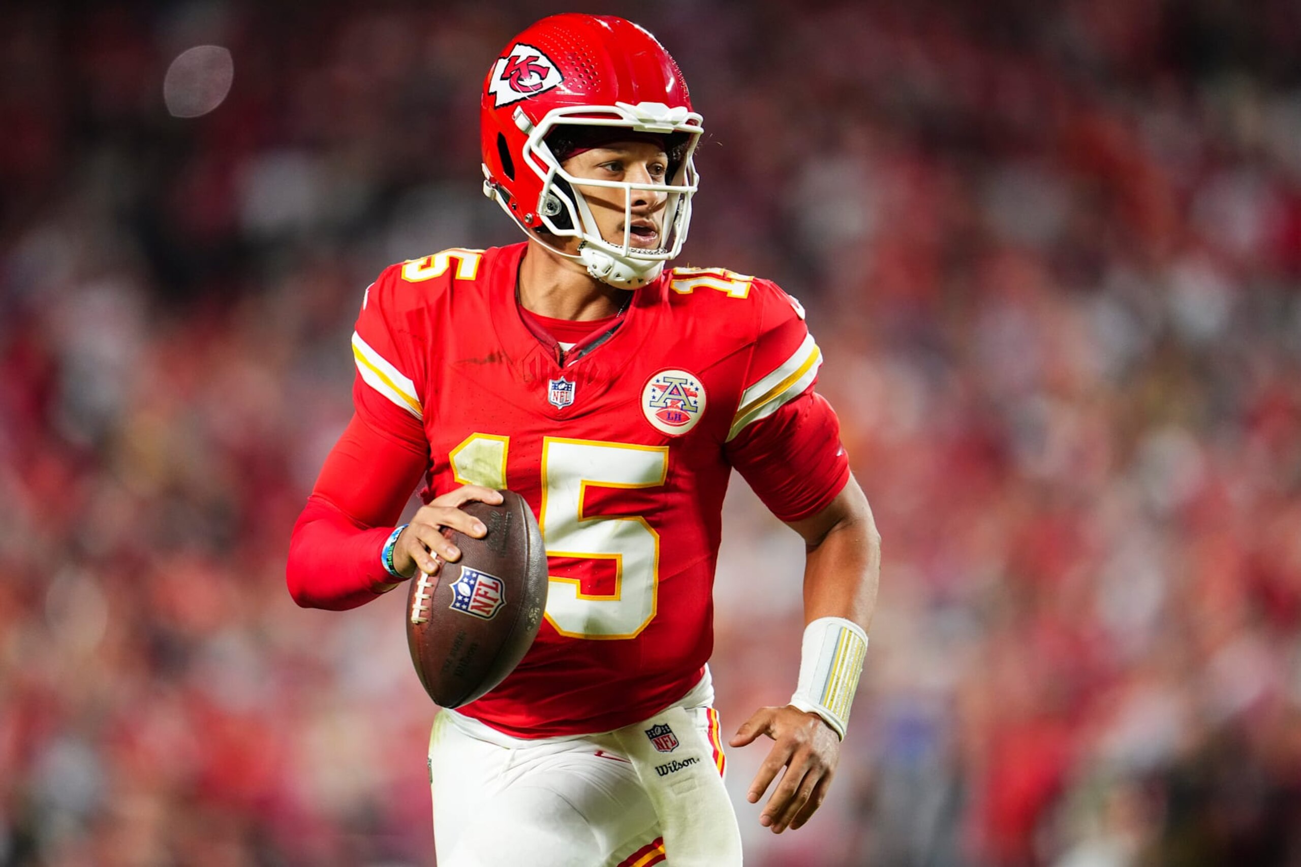 KANSAS CITY, MO - OCTOBER 07: Patrick Mahomes #15 of the Kansas City Chiefs scrambles out of the pocket during an NFL football game against the New Orleans Saints at GEHA Field at Arrowhead Stadium on October 7, 2024 in Kansas City, Missouri. (Photo by Cooper Neill/Getty Images)