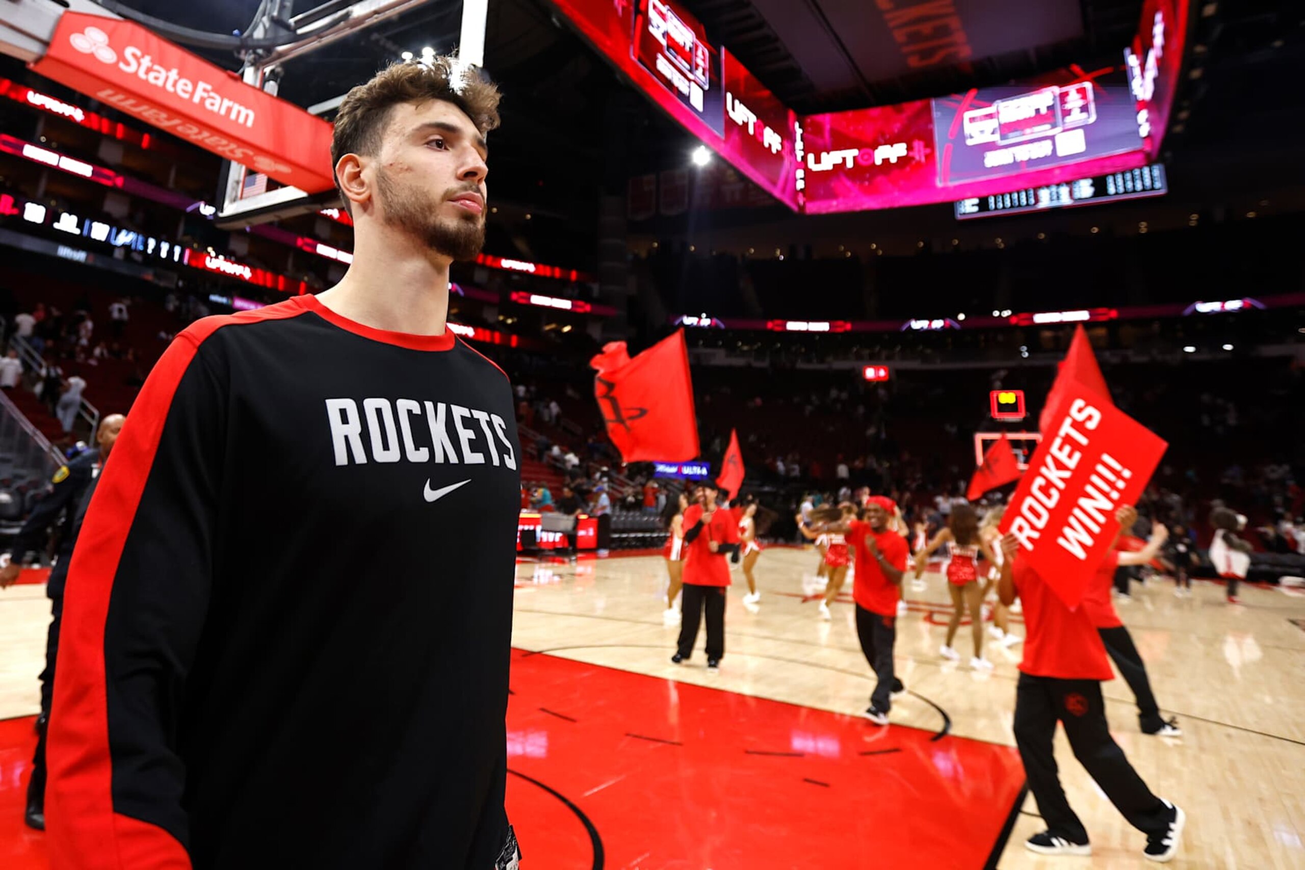 HOUSTON, TX - OCTOBER 17: Alperen Sengun #28 of the Houston Rockets looks on after the game against the San Antonio Spurs on October 17, 2024 at the Toyota Center in Houston, Texas. NOTE TO USER: User expressly acknowledges and agrees that, by downloading and or using this photograph, User is consenting to the terms and conditions of the Getty Images License Agreement. Mandatory Copyright Notice: Copyright 2024 NBAE (Photo by Logan Riely/NBAE via Getty Images)