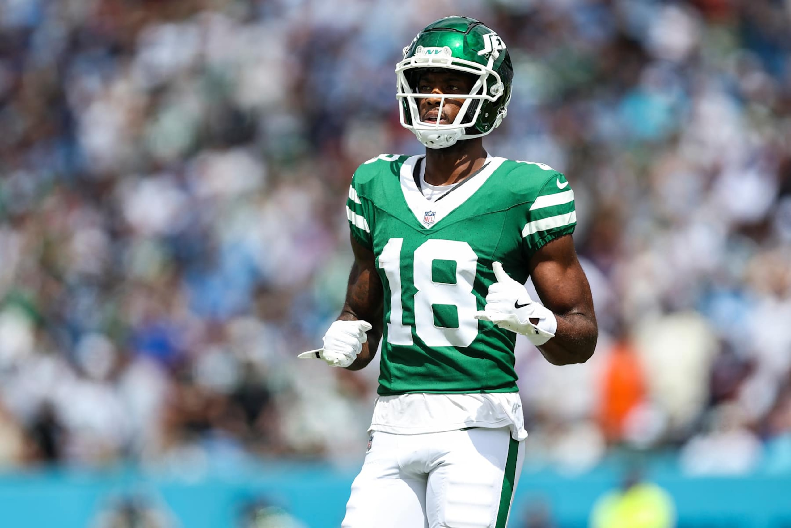 NASHVILLE, TN - SEPTEMBER 15: Mike Williams #18 of the New York Jets looks on from the field during an NFL football game against the Tennessee Titans at Nissan Stadium on September 15, 2024 in Nashville, TN. (Photo by Perry Knotts/Getty Images)