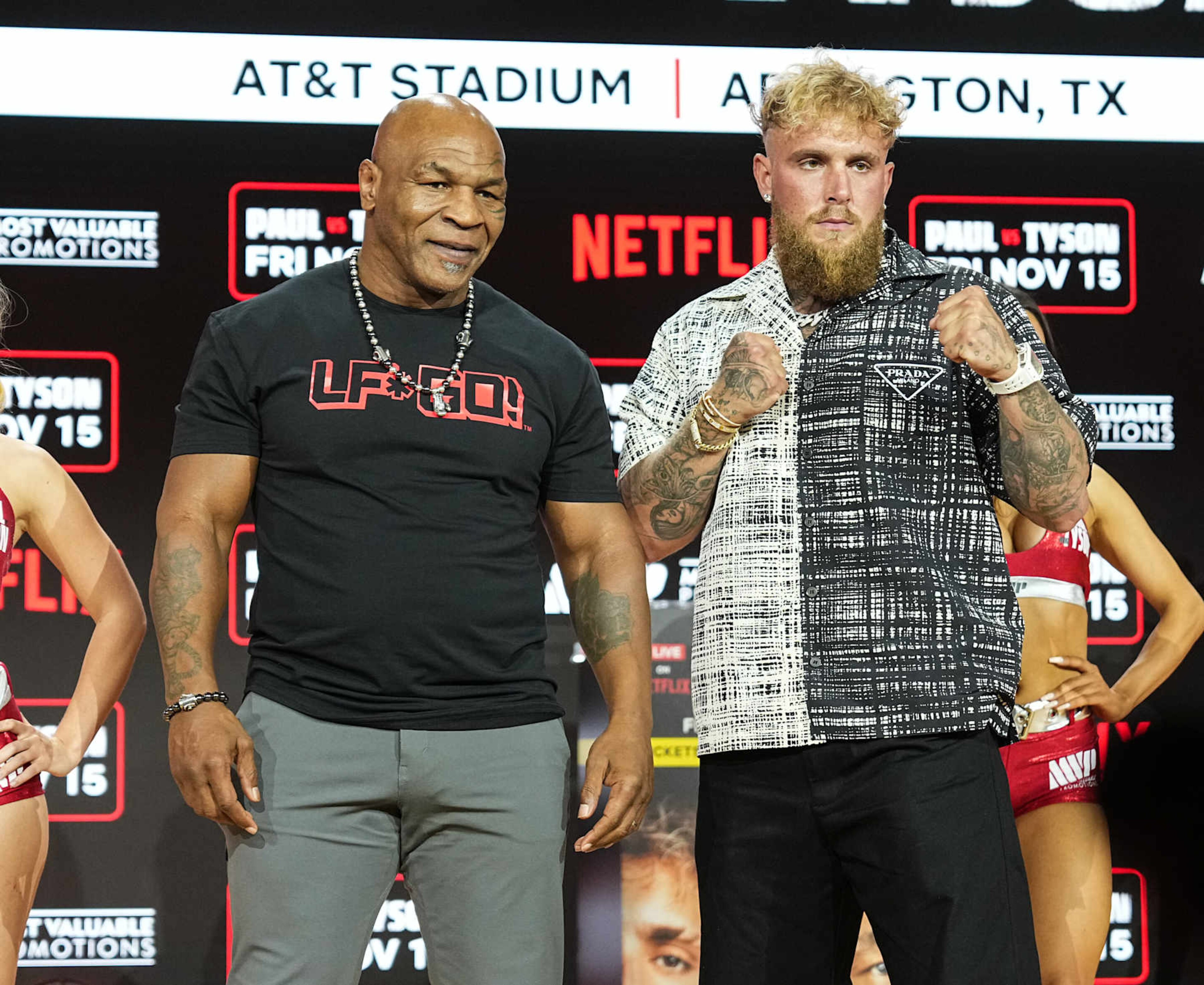 NEW YORK, NEW YORK - AUGUST 18: Mike Tyson and Jake Paul hold a press conference during Fanatics Fest NYC at Javits Center on August 18, 2024 in New York City. (Photo by John Nacion/Getty Images) NEW YORK, NEW YORK - AUGUST 18: Mike Tyson and Jake Paul hold a press conference during Fanatics Fest NYC at Javits Center on August 18, 2024 in New York City. (Photo by John Nacion/Getty Images)