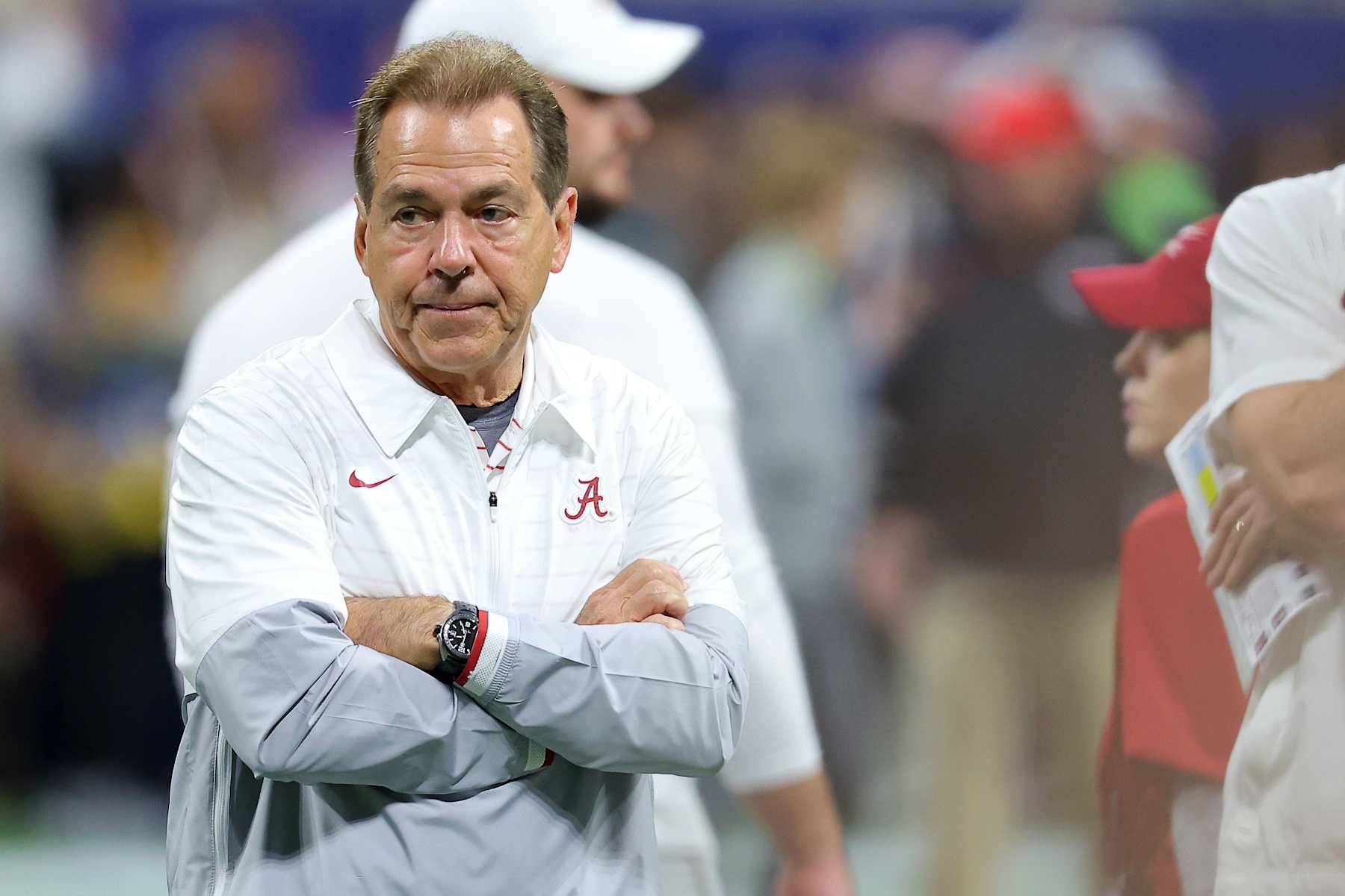 ATLANTA, GEORGIA - DECEMBER 02: Head coach Nick Saban of the Alabama Crimson Tide looks on prior to the SEC Championship game against the Georgia Bulldogs at Mercedes-Benz Stadium on December 02, 2023 in Atlanta, Georgia. (Photo by Kevin C. Cox/Getty Images)