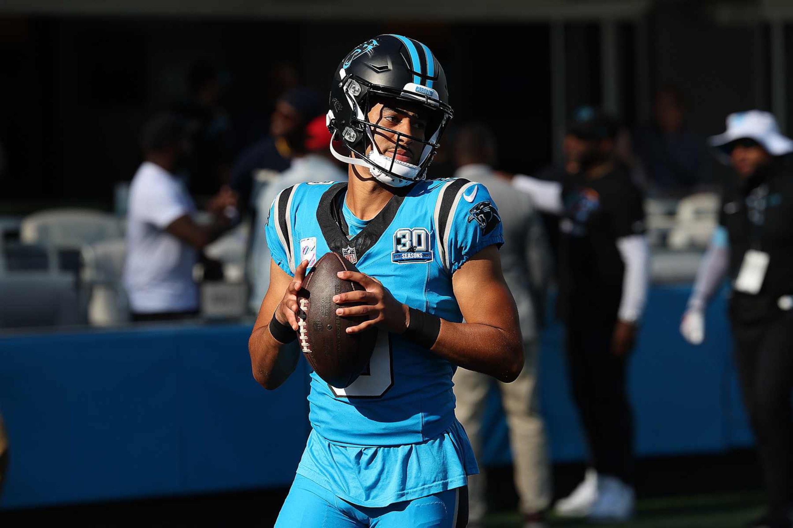 CHARLOTTE, NC - OCTOBER 13: Carolina Panthers quarterback Bryce Young (9) during an NFL football game between the Atlanta Falcons and the Carolina Panthers on October 13, 2024 at Bank of America Stadium in Charlotte, N.C.  (Photo by John Byrum/Icon Sportswire via Getty Images)
