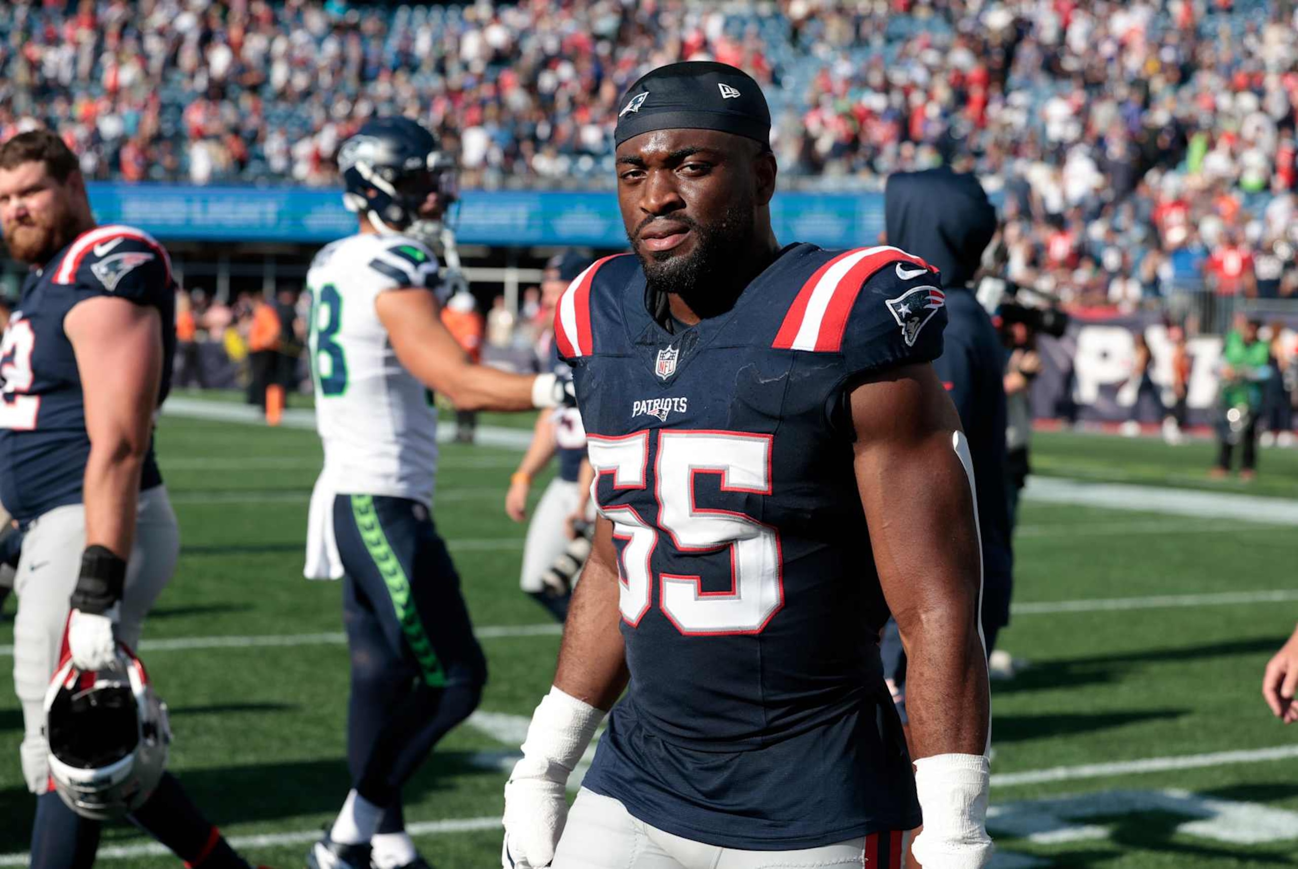 FOXBOROUGH, MA - SEPTEMBER 15: New England Patriots linebacker Josh Uche (55) after a game between the New England Patriots and the Seattle Seahawks on September 15, 2024, at Gillette Stadium in Foxborough, Massachusetts. (Photo by Fred Kfoury III/Icon Sportswire via Getty Images)