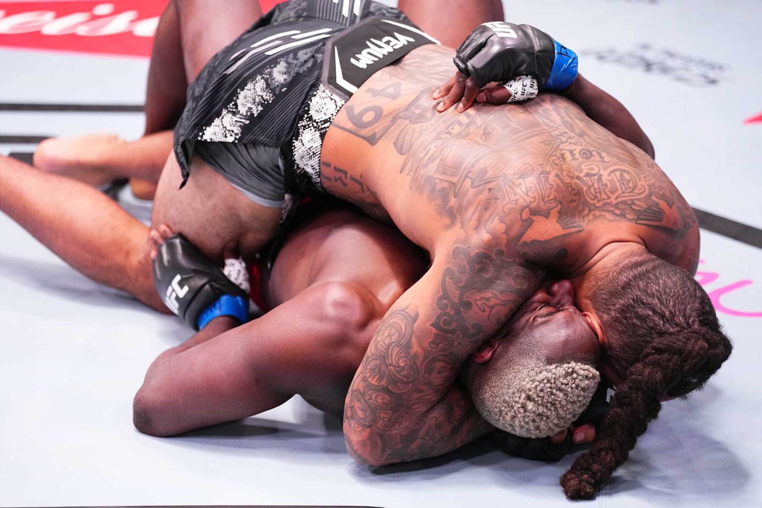 LAS VEGAS, NEVADA - OCTOBER 19: (R-L) Austen Lane battles Robelis Despaigne of Cuba in a heavyweight fight during the UFC Fight Night event at UFC APEX on October 19, 2024 in Las Vegas, Nevada.  (Photo by Jeff Bottari/Zuffa LLC)