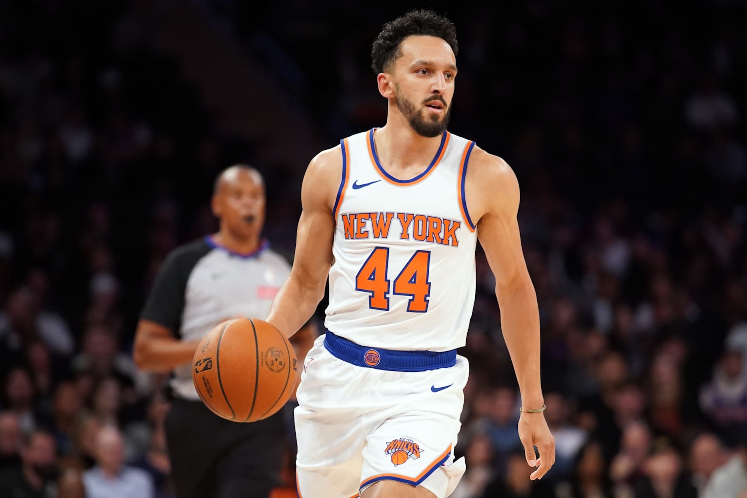 NEW YORK, NEW YORK - OCTOBER 09: Landry Shamet #44 of the New York Knicks in action during the second half of a preseason game at Madison Square Garden on October 09, 2024 in New York City. NOTE TO USER: User expressly acknowledges and agrees that, by downloading and or using this Photograph, user is consenting to the terms and conditions of the Getty Images License Agreement. (Photo by Evan Bernstein/Getty Images)