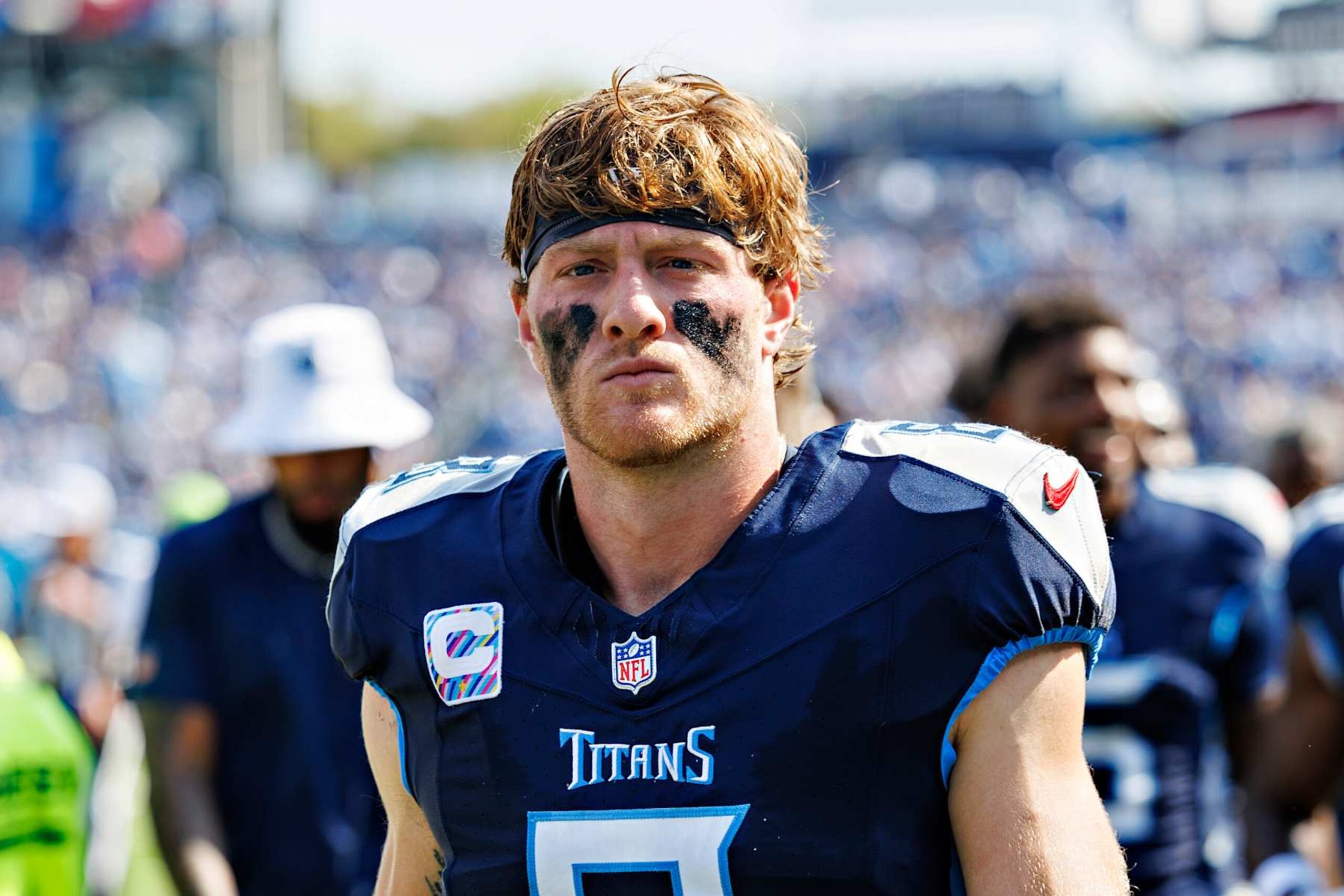 NASHVILLE, TENNESSEE - OCTOBER 13: Will Levis #8 of the Tennessee Titans heads to the locker room at halftime during the game against the Indianapolis Colts at Nissan Stadium on October 13, 2024 in Nashville, Tennessee. The Colts defeated the Titans 20-17.  (Photo by Wesley Hitt/Getty Images)