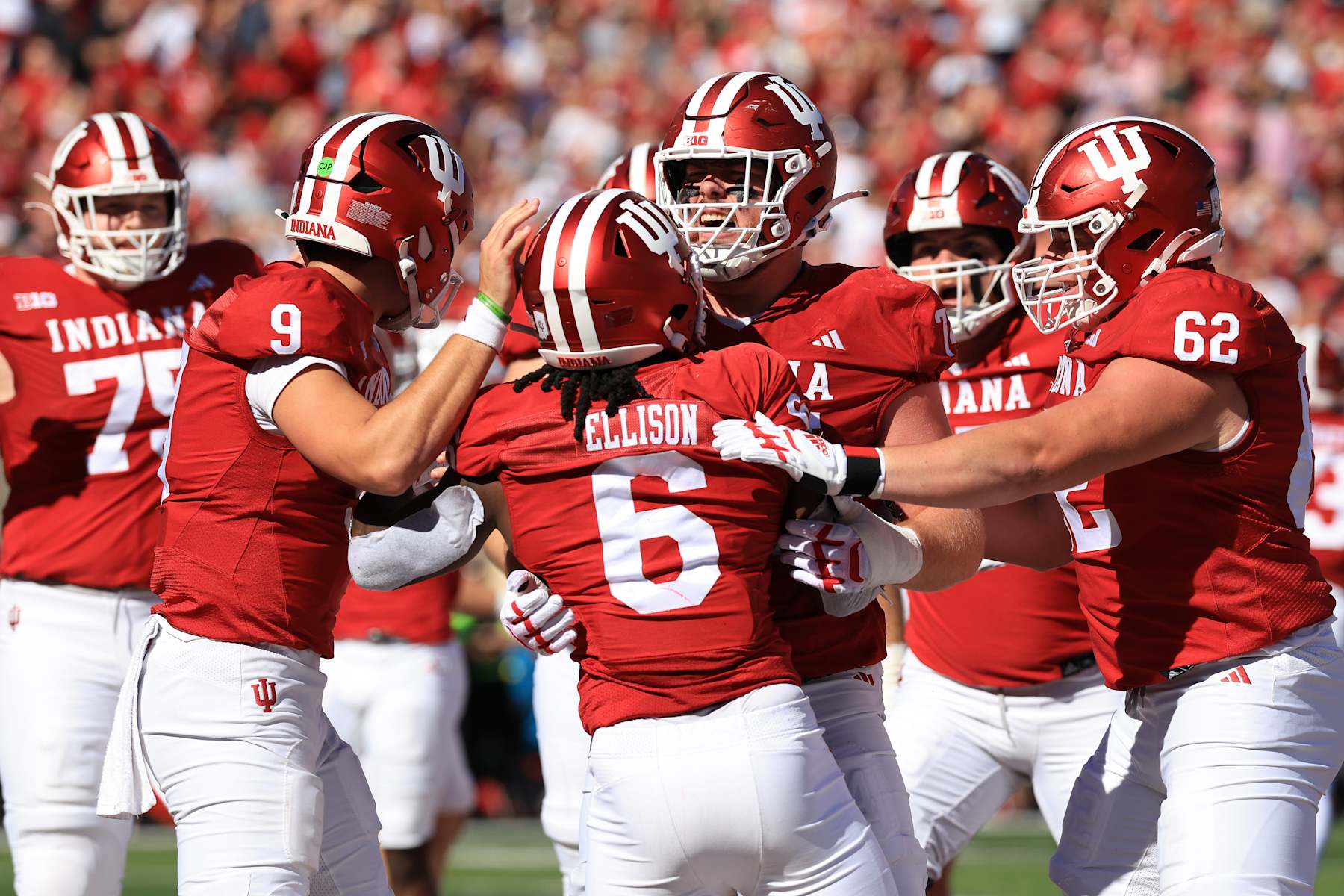 BLOOMINGTON, INDIANA - OCTOBER 19: Justice Ellison #6 of the Indiana Hoosiers celebrates a touchdown with teammates during the first half against the Nebraska Cornhuskers Memorial Stadium on October 19, 2024 in Bloomington, Indiana. (Photo by Justin Casterline/Getty Images)