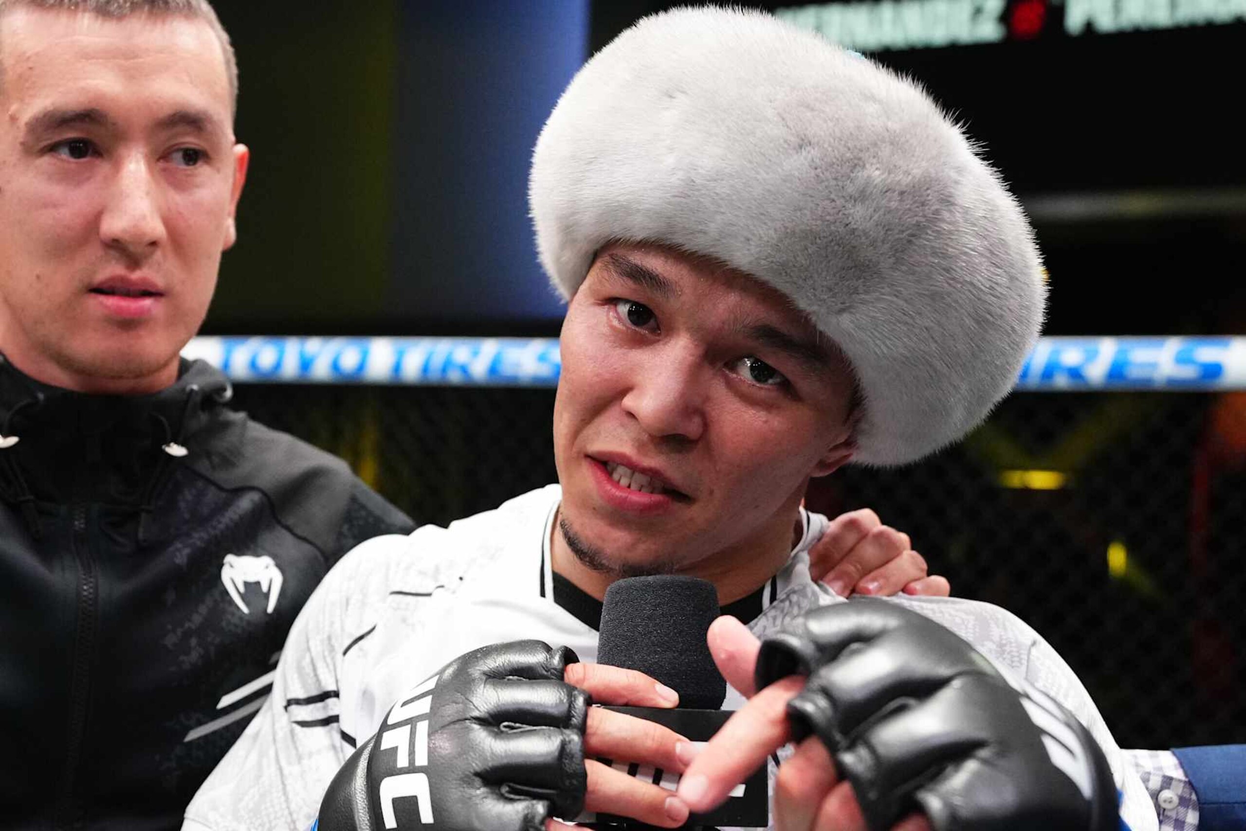 LAS VEGAS, NEVADA - OCTOBER 19: Asu Almabayev of Kazakstan reacts after a victory against Matheus Nicolau of Brazil in a flyweight fight during the UFC Fight Night event at UFC APEX on October 19, 2024 in Las Vegas, Nevada.  (Photo by Jeff Bottari/Zuffa LLC)
