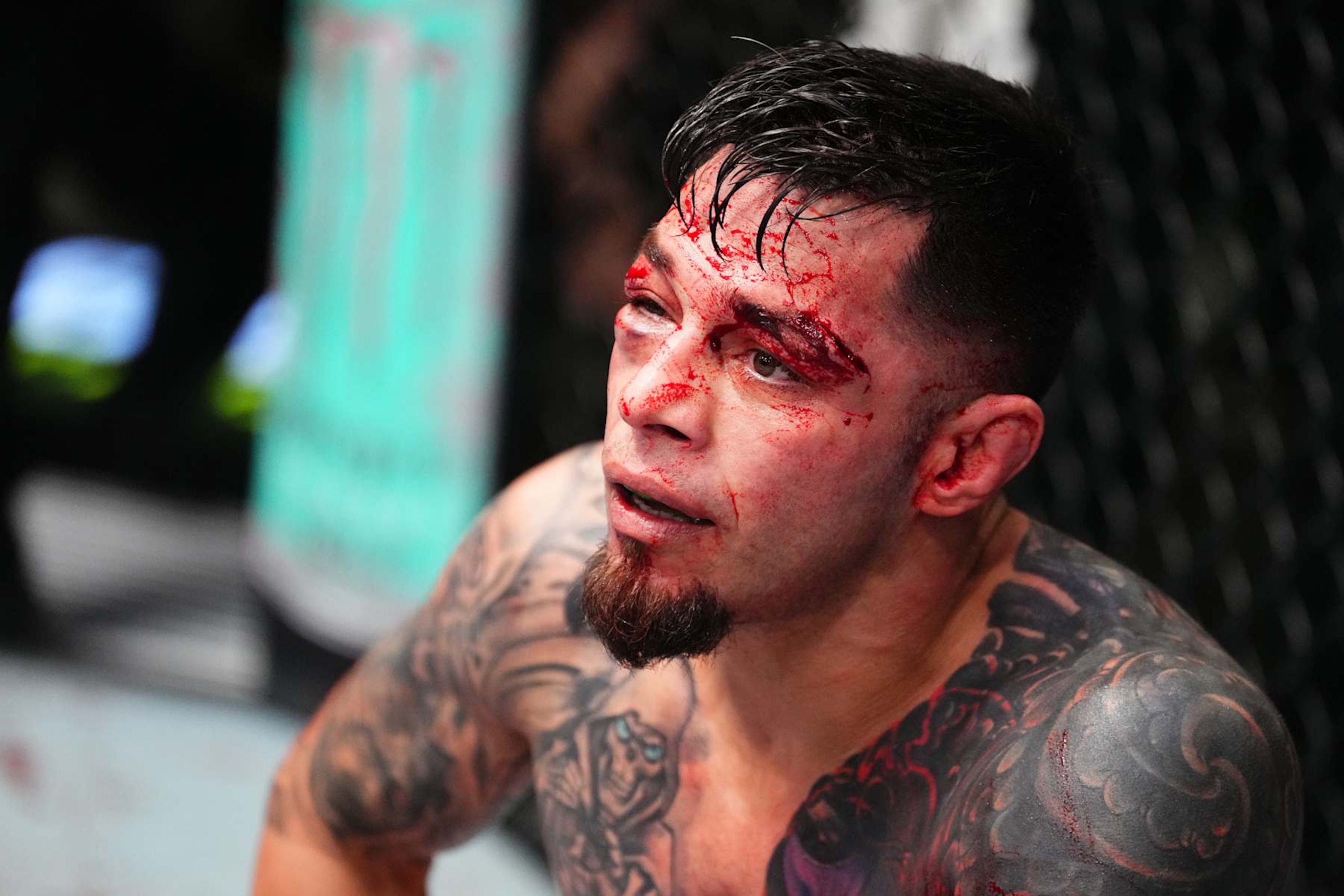 LAS VEGAS, NEVADA - OCTOBER 19: Daniel Pineda reacts between rounds in a featherweight fight against Darren Elkins during the UFC Fight Night event at UFC APEX on October 19, 2024 in Las Vegas, Nevada.  (Photo by Jeff Bottari/Zuffa LLC)