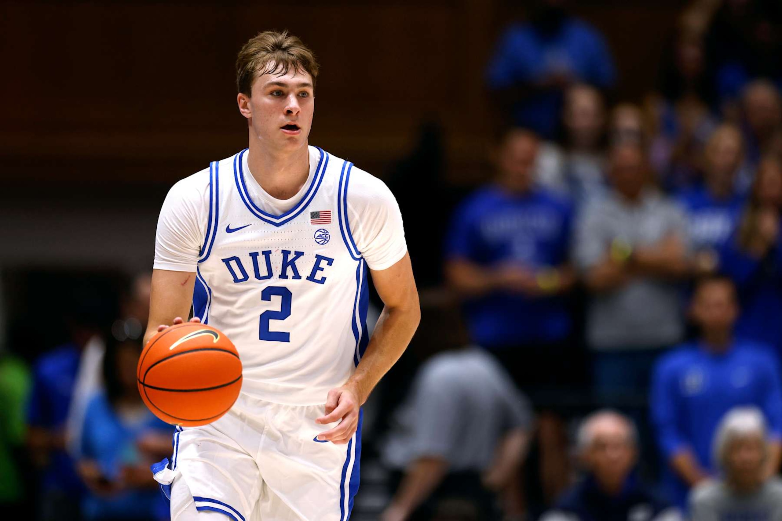 DURHAM, NORTH CAROLINA - OCTOBER 19: Cooper Flagg #2 of the Duke Blue Devils dribbles up court against the Lincoln Lions during the first half of an exhibition game at Cameron Indoor Stadium on October 19, 2024 in Durham, North Carolina. (Photo by Lance King/Getty Images) DURHAM, NORTH CAROLINA - OCTOBER 19: Cooper Flagg #2 of the Duke Blue Devils dribbles up court against the Lincoln Lions during the first half of an exhibition game at Cameron Indoor Stadium on October 19, 2024 in Durham, North Carolina. (Photo by Lance King/Getty Images)