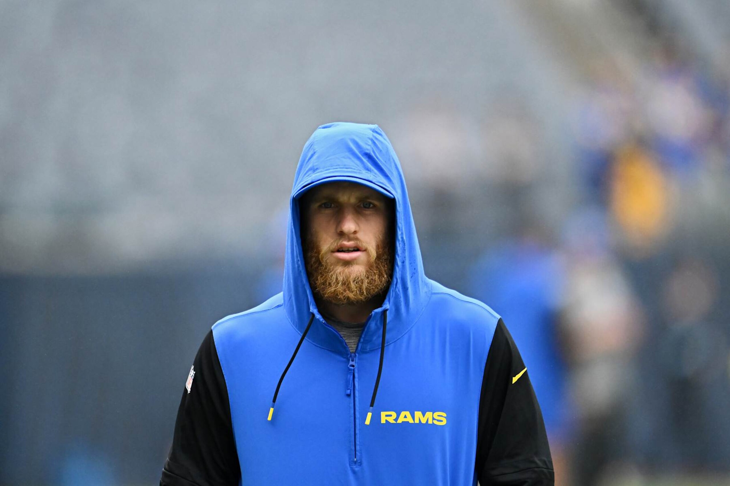CHICAGO, ILLINOIS - SEPTEMBER 29: Cooper Kupp #10 of the Los Angeles Rams looks on before the game against the Chicago Bears at Soldier Field on September 29, 2024 in Chicago, Illinois. (Photo by Quinn Harris/Getty Images)