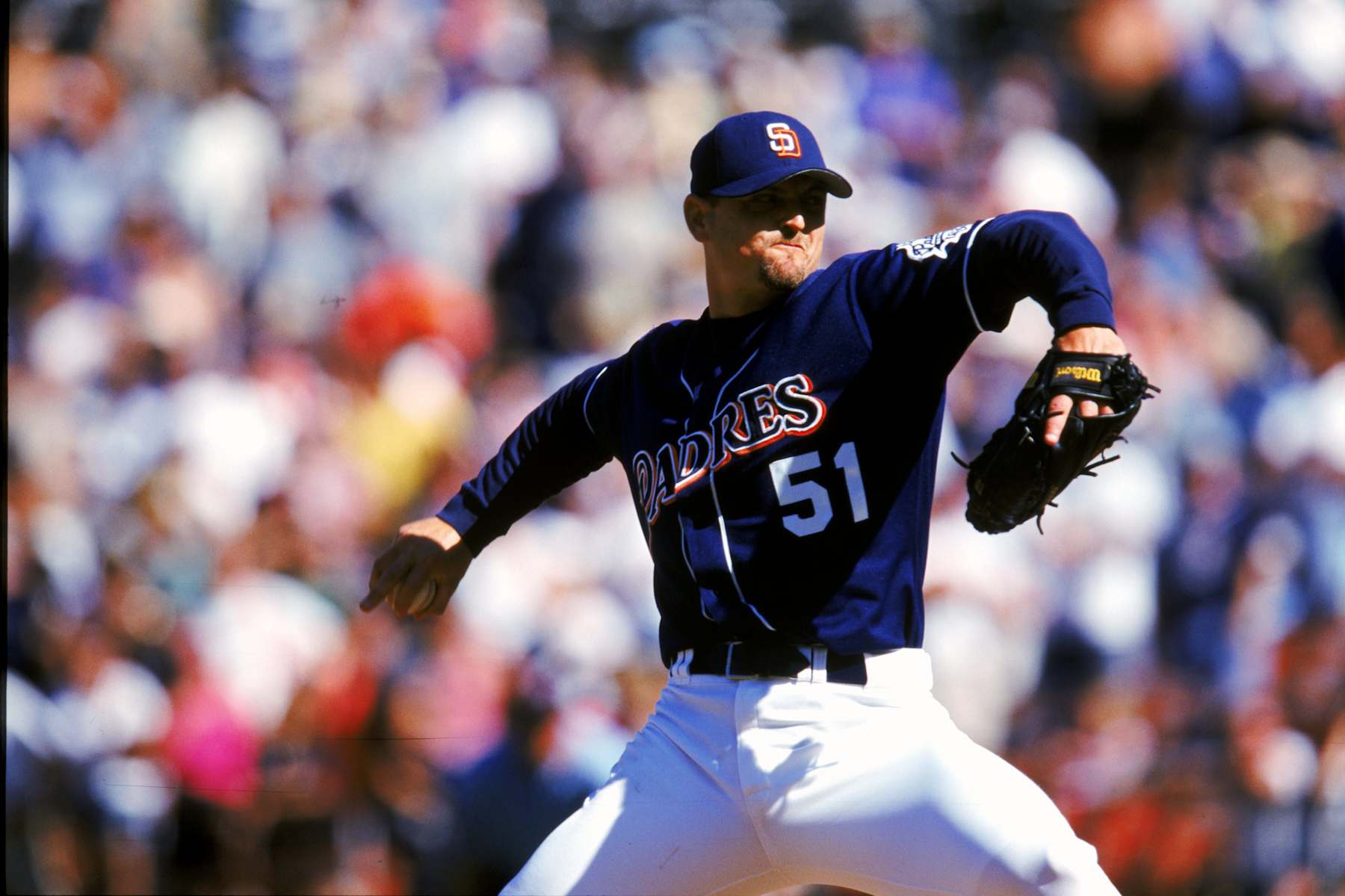 15 Aug 1999:  Relief pitcher Trevor Hoffman #51 of the San Diego Padres winds back to pitch against the Florida Marlins at Qualcomm Stadium in San Diego, California. The Padres defeated the Marlins 7-6. Mandatory Credit: Stephen Dunn  /Allsport