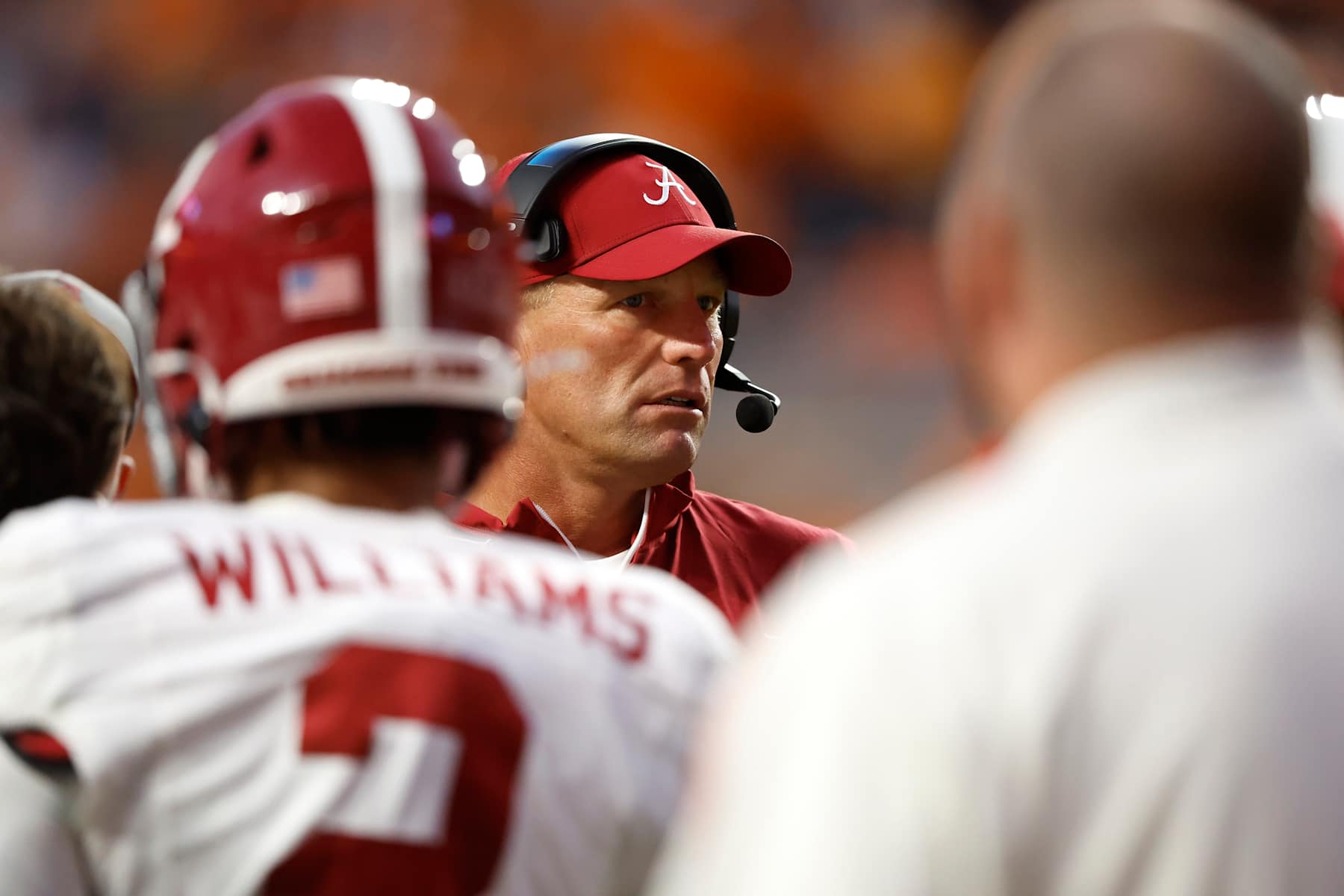 KNOXVILLE, TENNESSEE - OCTOBER 19: Head coach Kalen DeBoer of the Alabama Crimson Tide looks on during the fourth quarter against the Tennessee Volunteers at Neyland Stadium on October 19, 2024 in Knoxville, Tennessee. (Photo by Butch Dill/Getty Images)