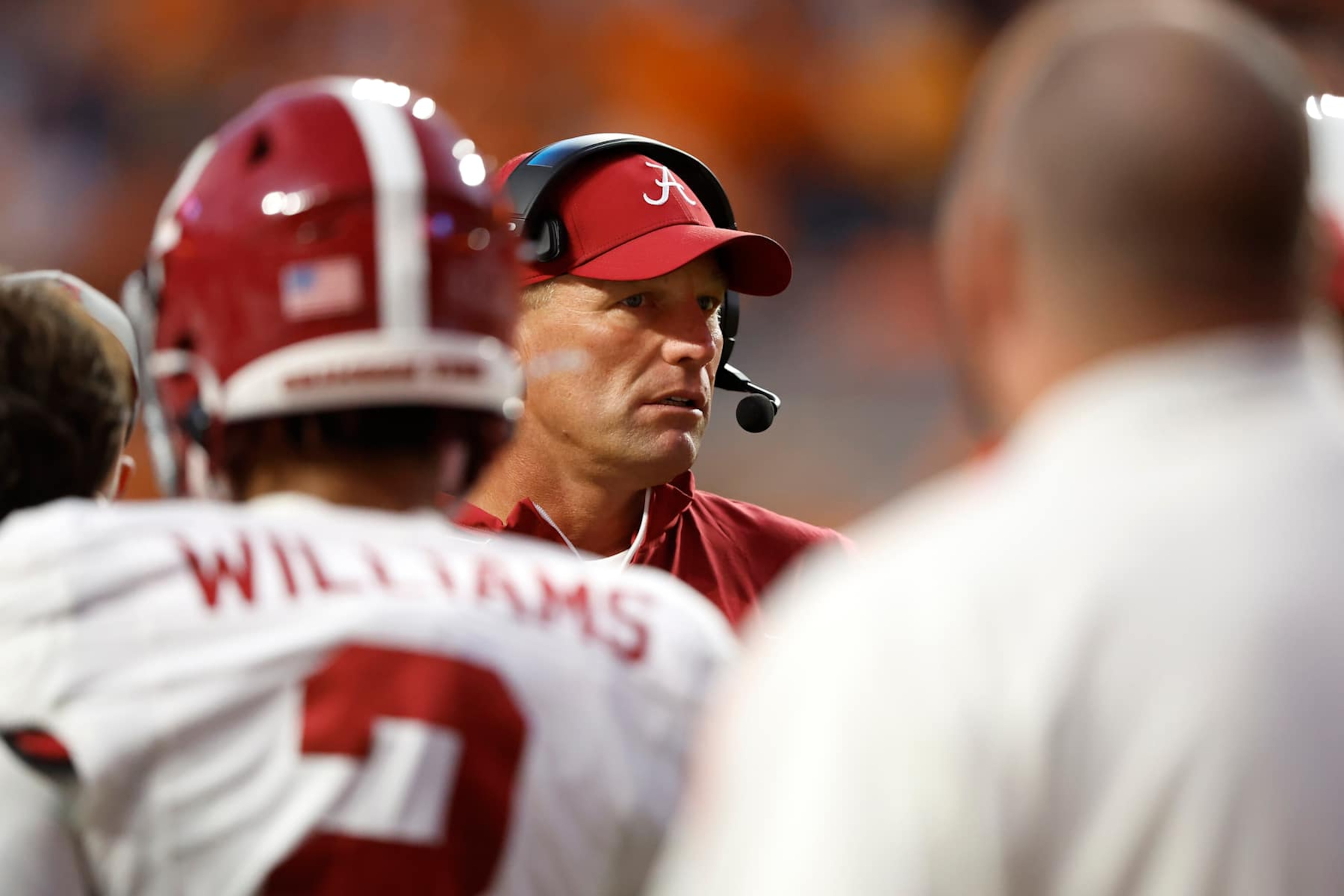 KNOXVILLE, TENNESSEE - OCTOBER 19: Head coach Kalen DeBoer of the Alabama Crimson Tide looks on during the fourth quarter against the Tennessee Volunteers at Neyland Stadium on October 19, 2024 in Knoxville, Tennessee. (Photo by Butch Dill/Getty Images) KNOXVILLE, TENNESSEE - OCTOBER 19: Head coach Kalen DeBoer of the Alabama Crimson Tide looks on during the fourth quarter against the Tennessee Volunteers at Neyland Stadium on October 19, 2024 in Knoxville, Tennessee. (Photo by Butch Dill/Getty Images)